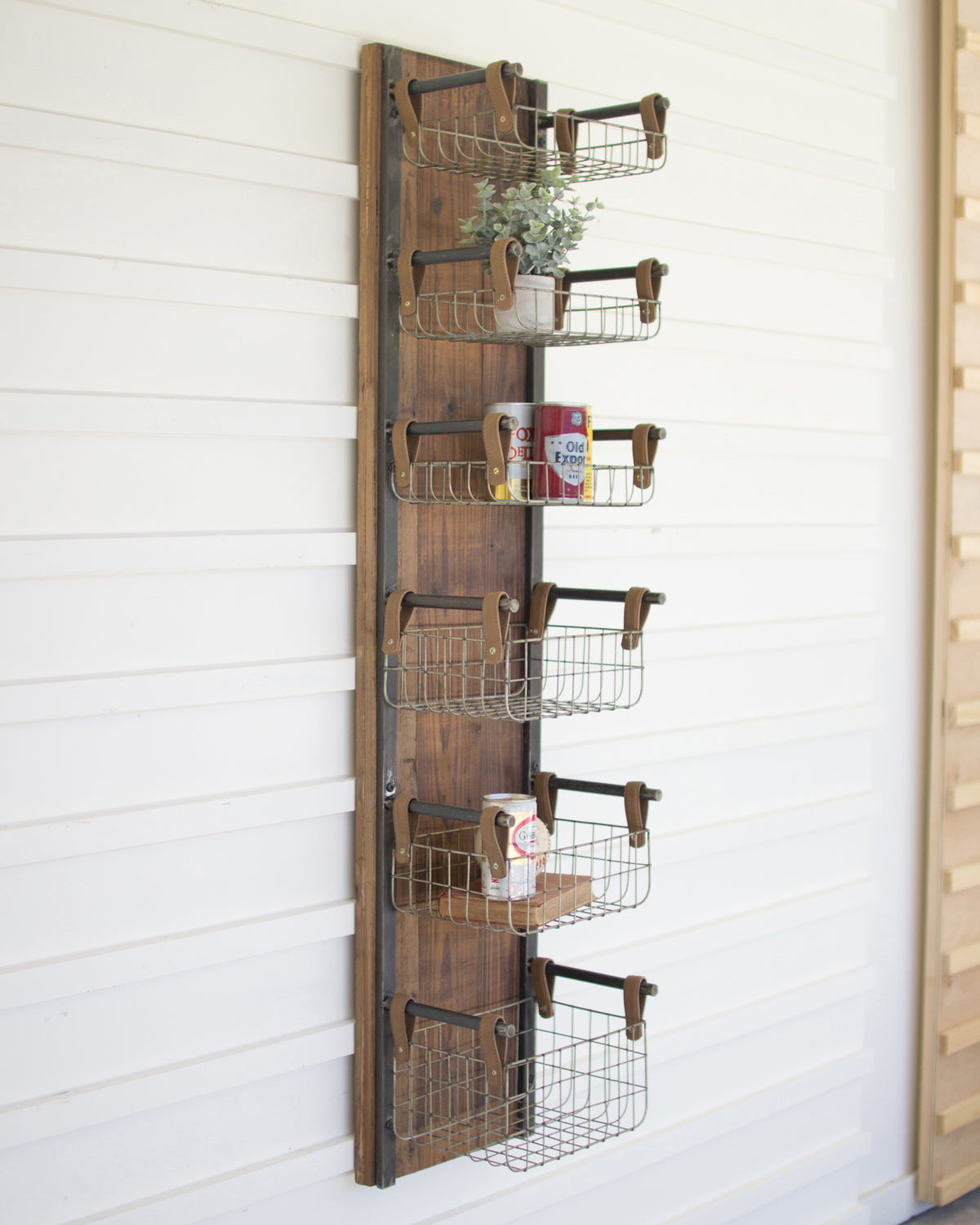 Recycled Wood & Metal Floating Wire Basket Wall Shelves