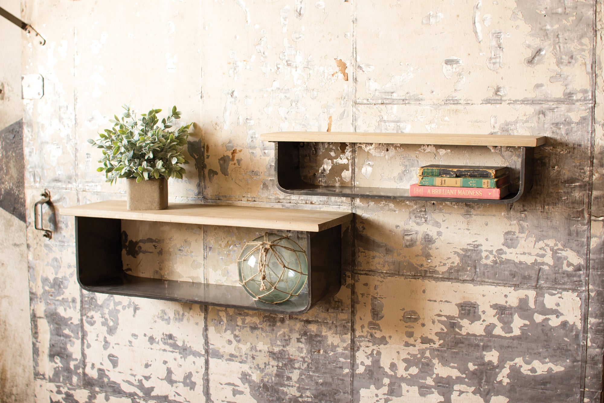 Set of Two Industrial Modern Metal and Wood Wall Shelves