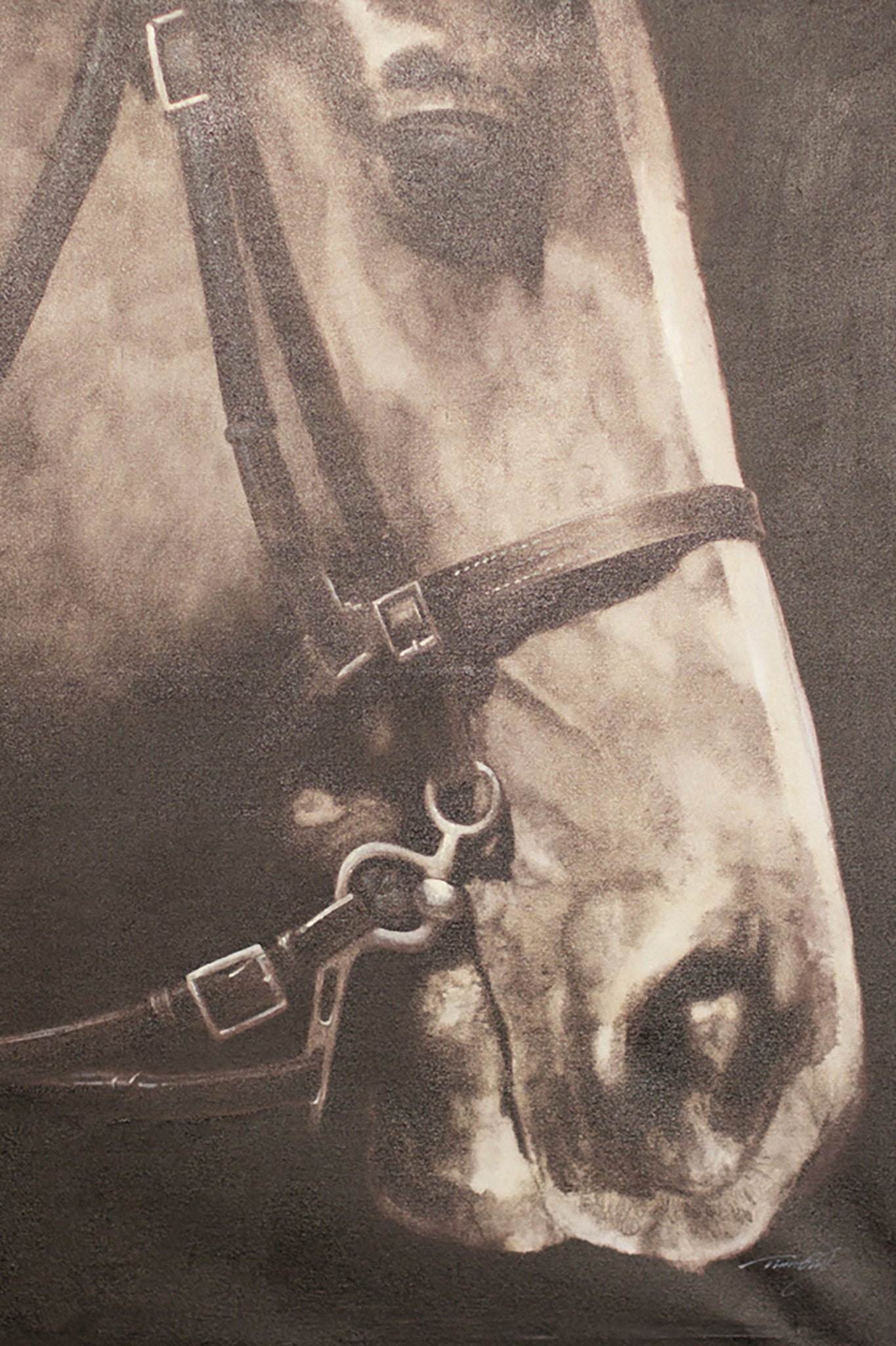 Black and White Horse Side View Oil Painting With Silver Frame