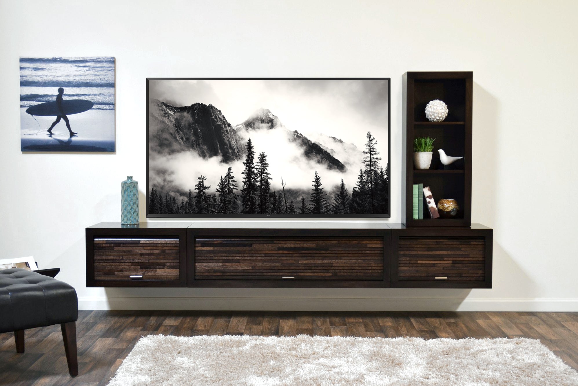 Floating Entertainment Center TV Stand Media Console With Bookcase - ECO GEO - Espresso