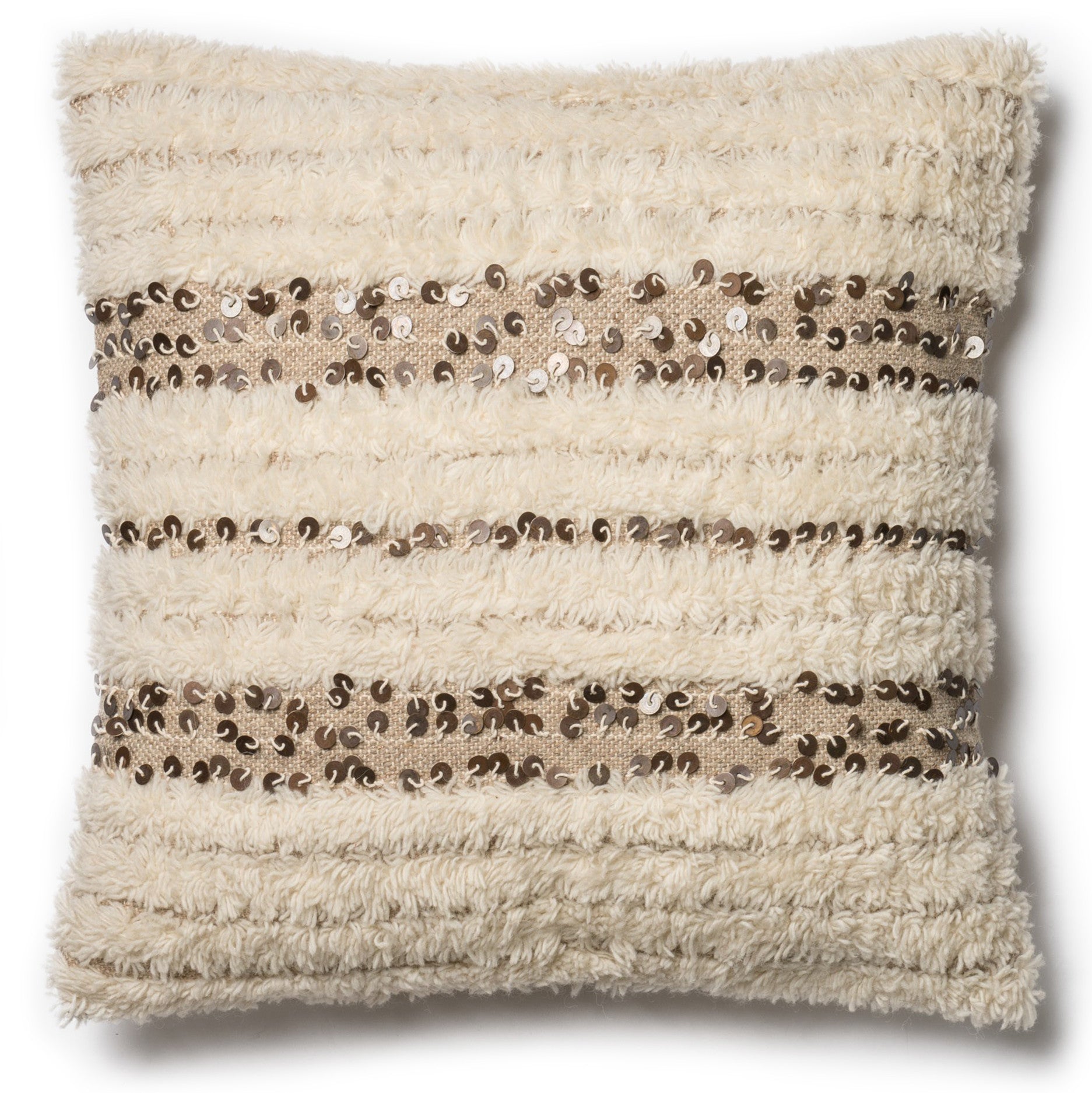 Modern Beige Shag Pillow With Metal Accents