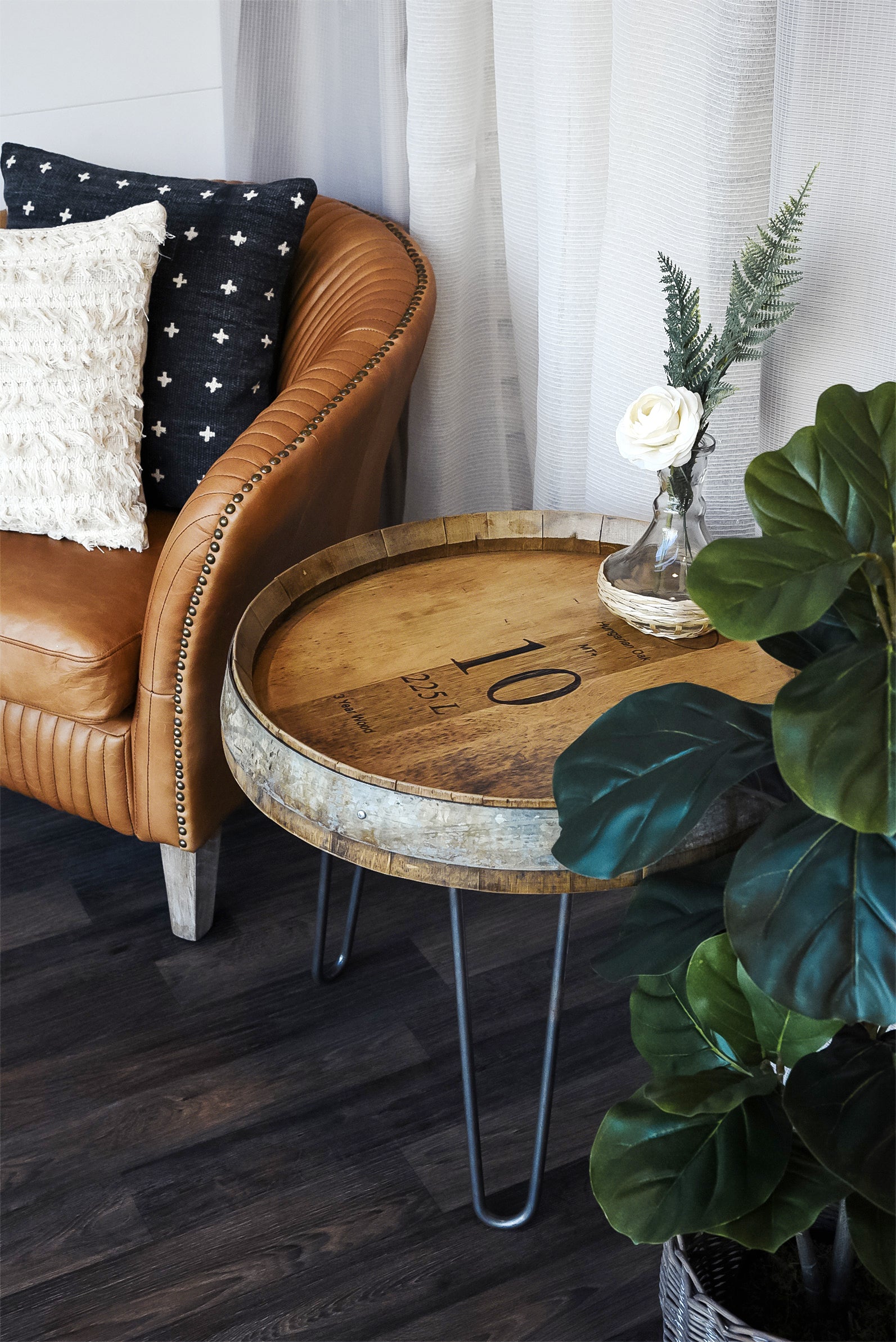 Wine Barrel End Table With Hairpin Legs - Natural