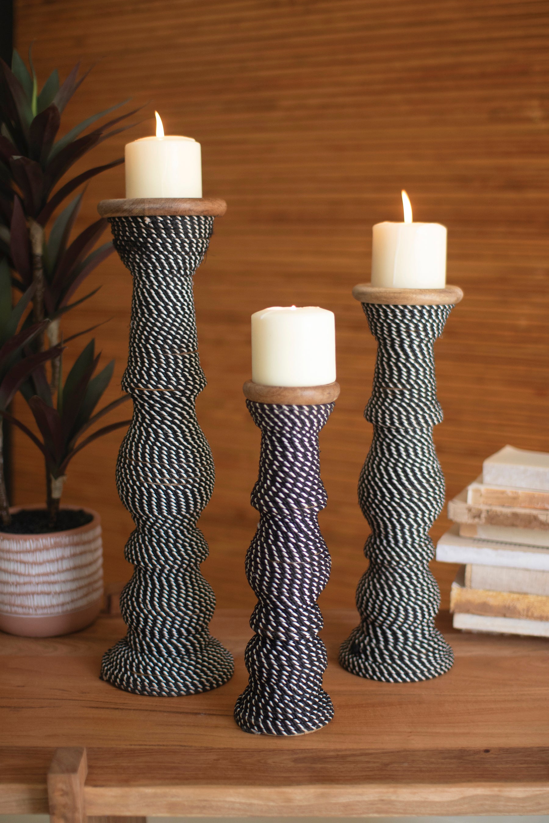 Set Of 3 Wooden Candle Holders With Black & White String