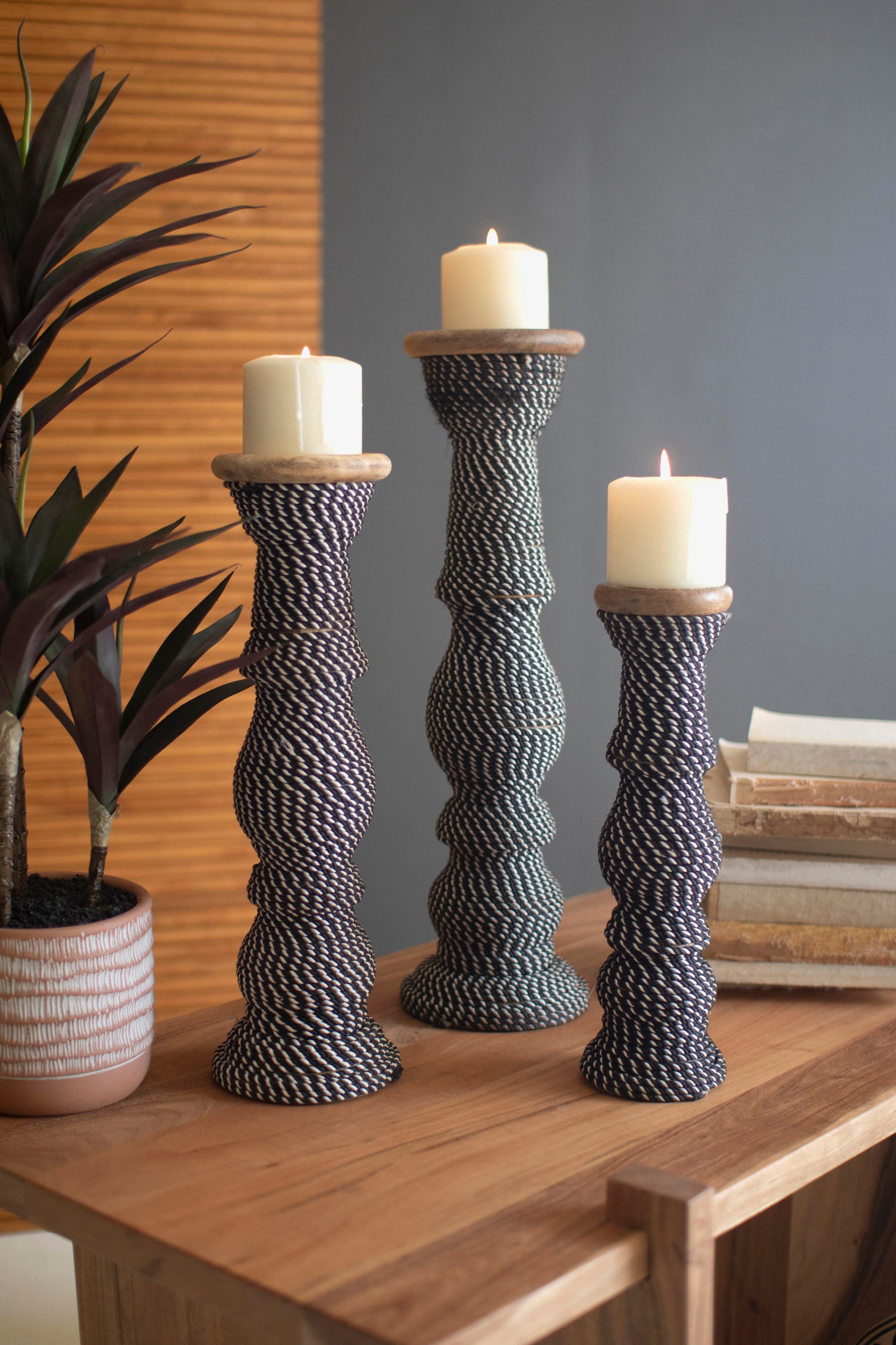 Set Of 3 Wooden Candle Holders With Black & White String