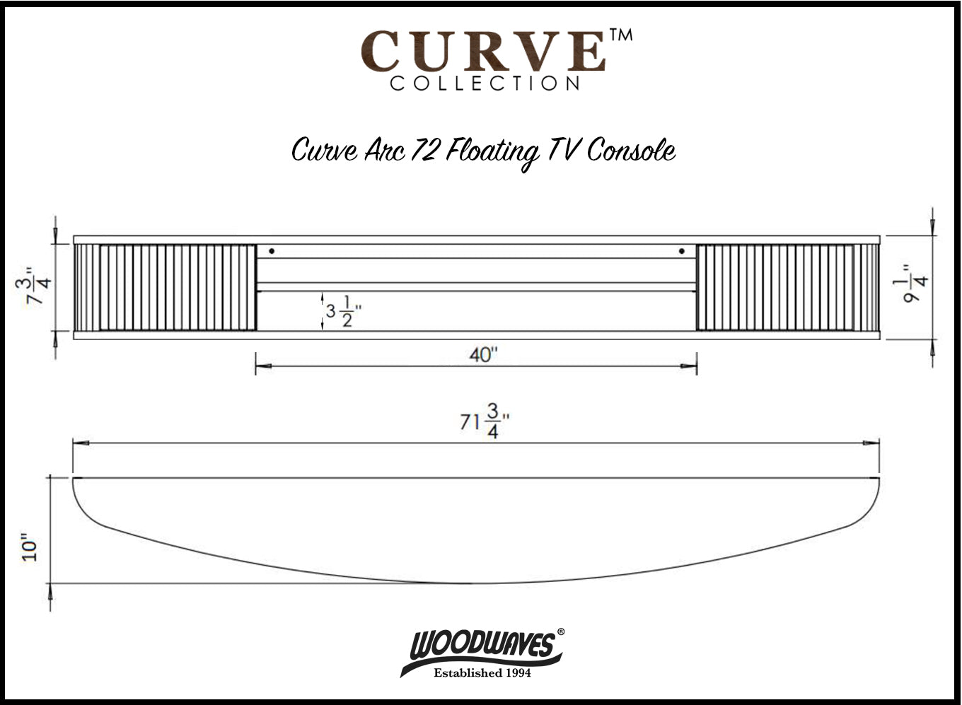 Floating TV Stand Curved Wall Mount 72" Console - Arc - Black