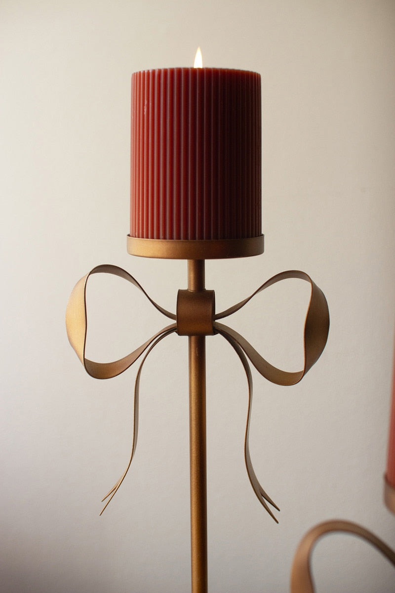 Antique Brass Gold Christmas Bow Pillar Candle Stands