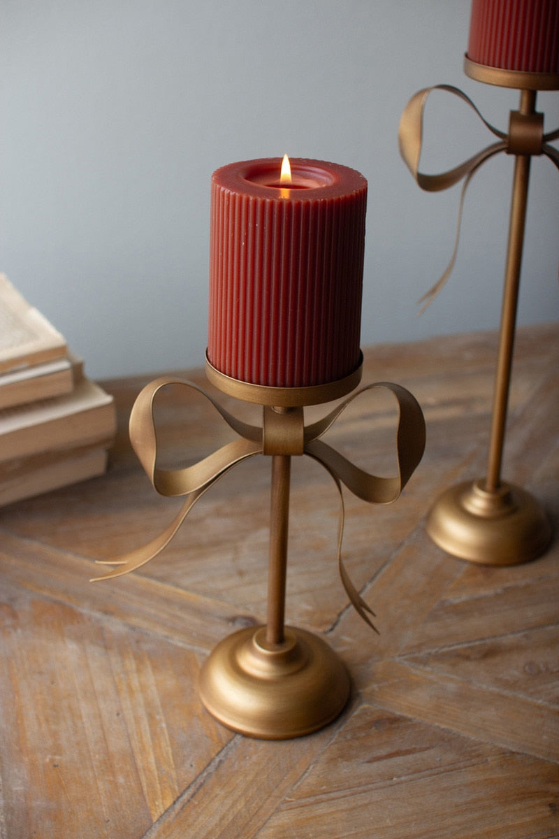 Antique Brass Gold Christmas Bow Pillar Candle Stands