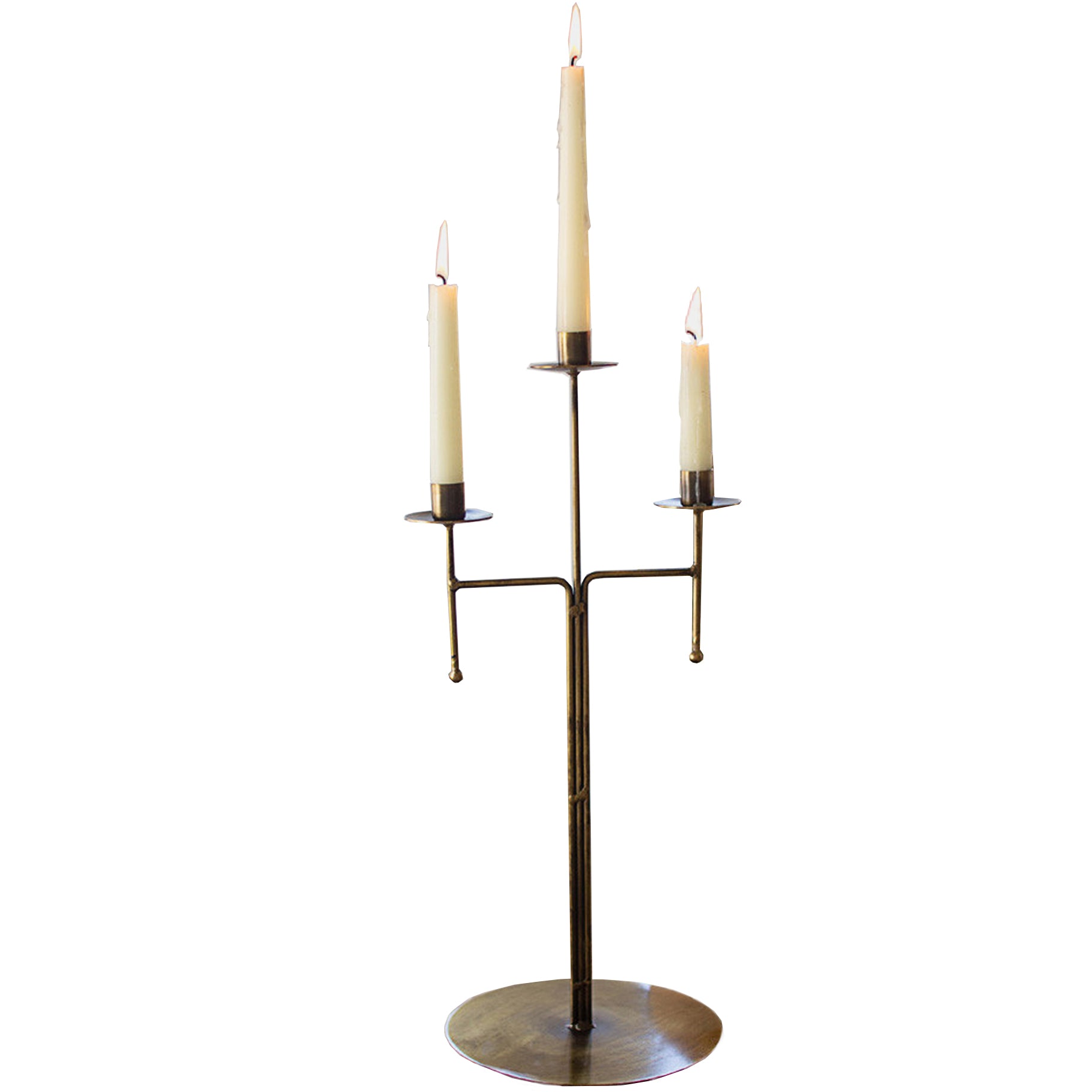 Antique Brass Tabletop Candelabra With Three Taper Candle Holders