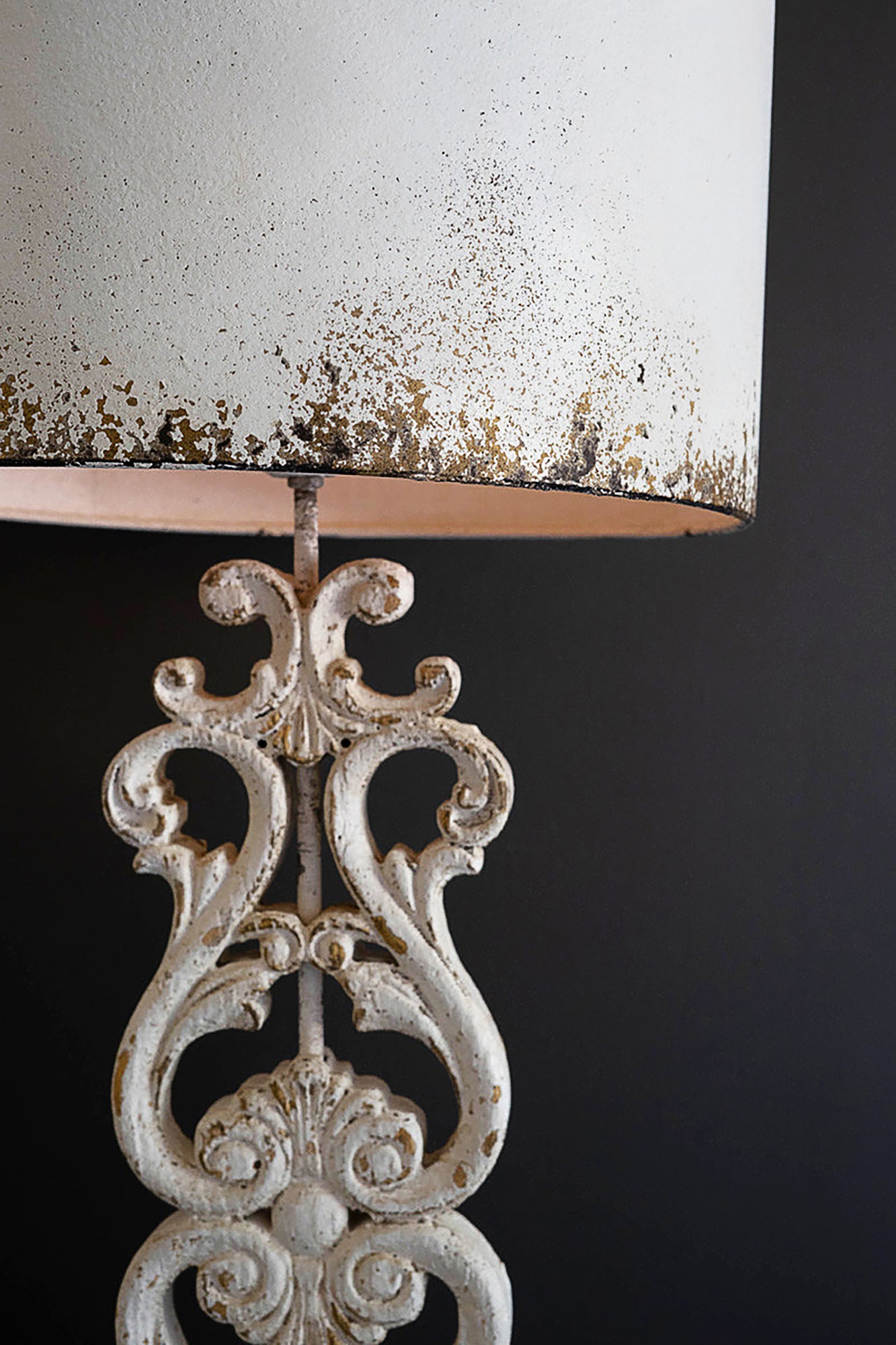 Antique White Rustic Metal Cottagecore Table Lamp With Carved