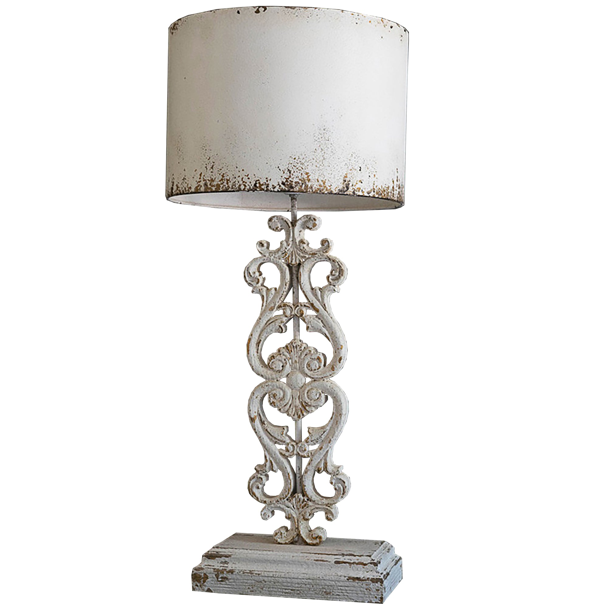 Antique White Rustic Metal Cottagecore Table Lamp With Carved Damask Base