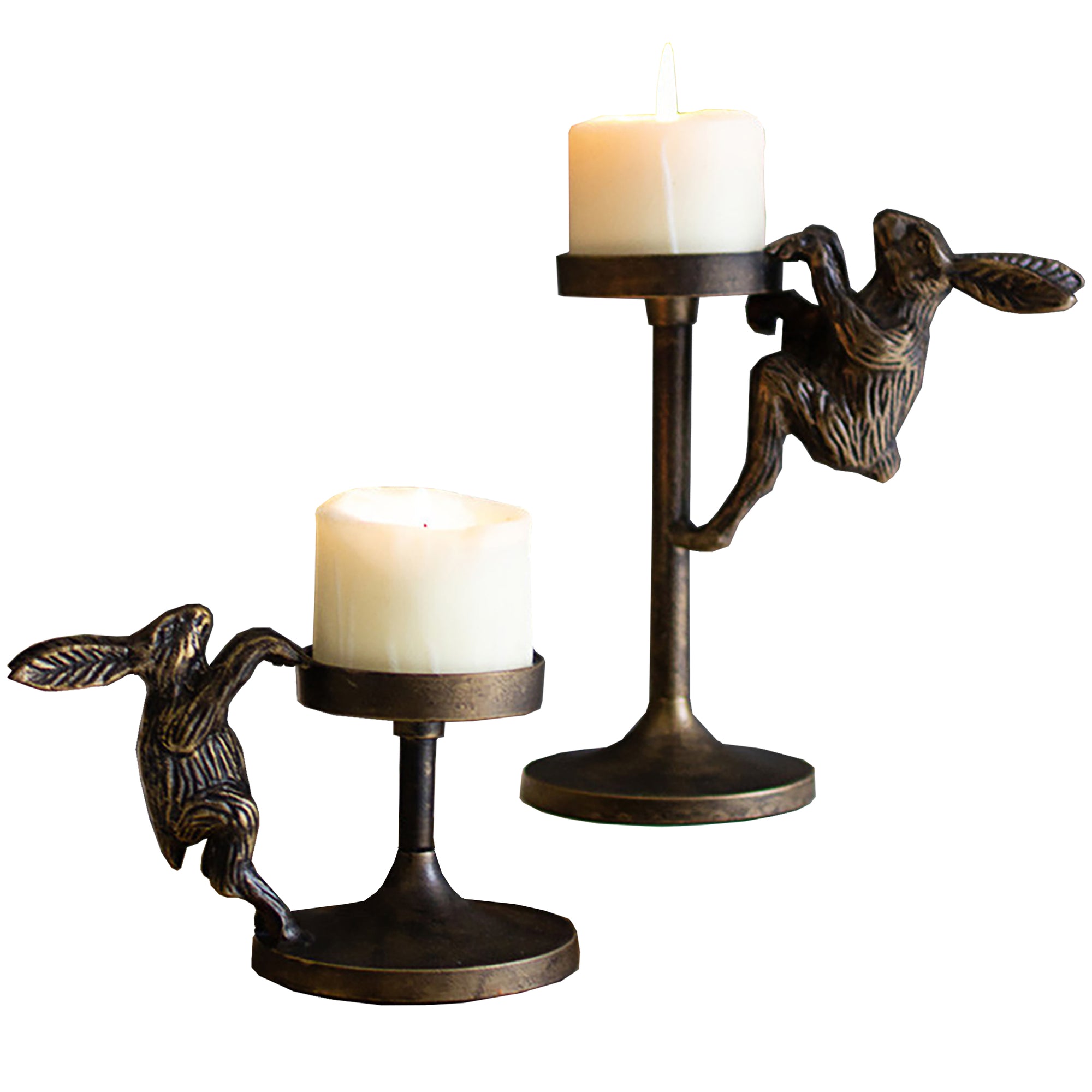 Antique Brass Cast Aluminum Rabbit Pillar Candle Holders - Set of 2