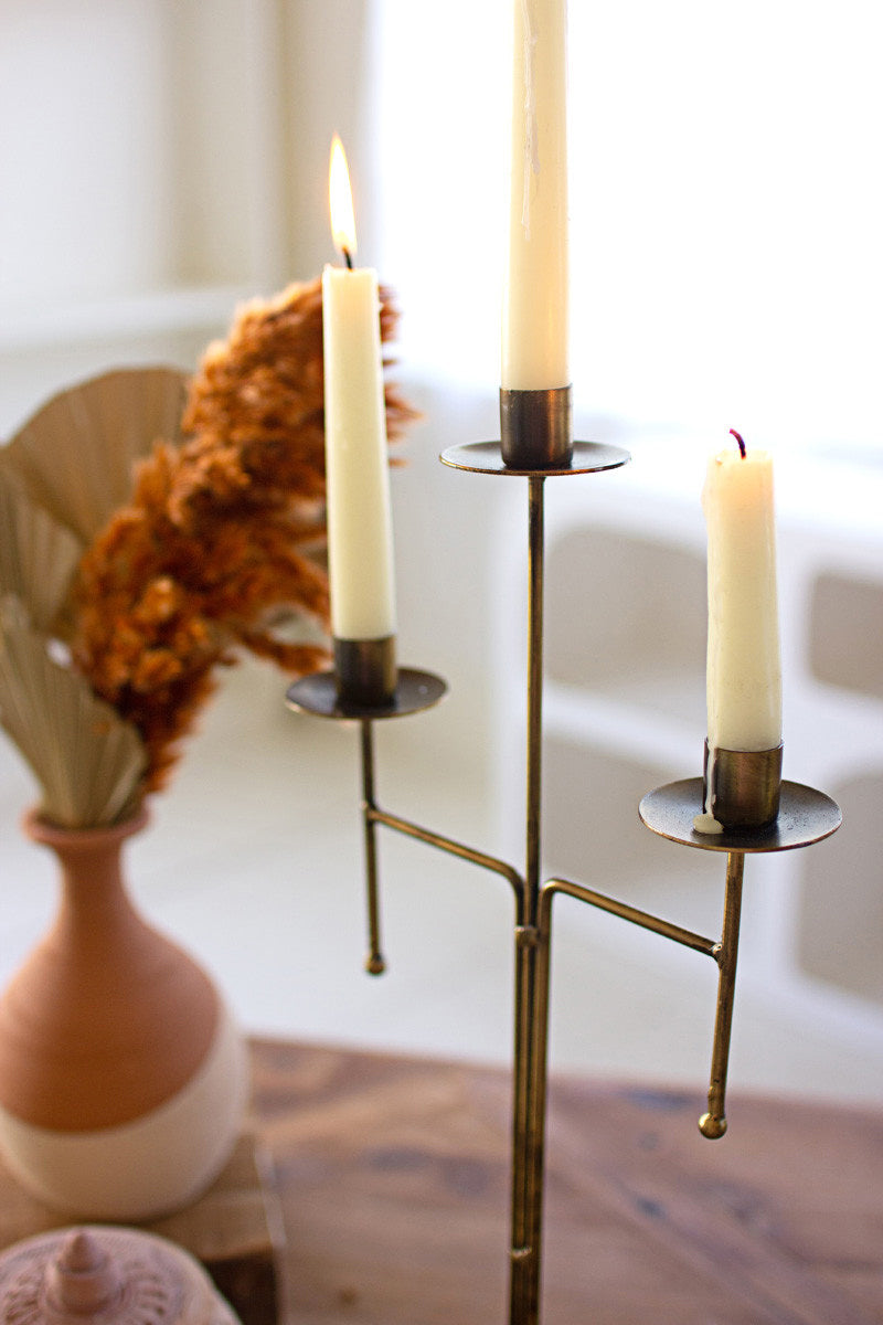 Antique Brass Tabletop Candelabra With Three Taper Candle Holders