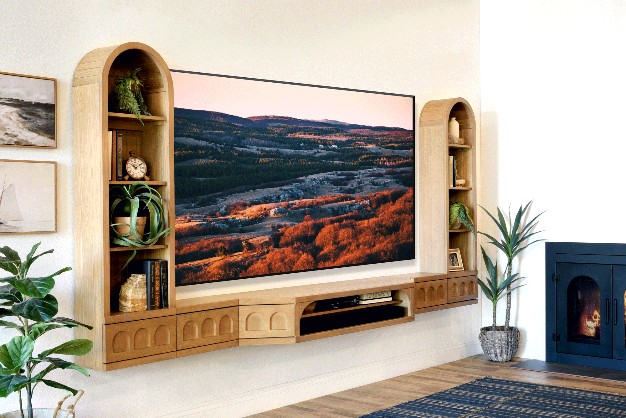 Floating TV Stand Natural Light Oak Arched Wall Mount Entertainment Center For Up To 100" Screens - Santa Barbara - Wheat