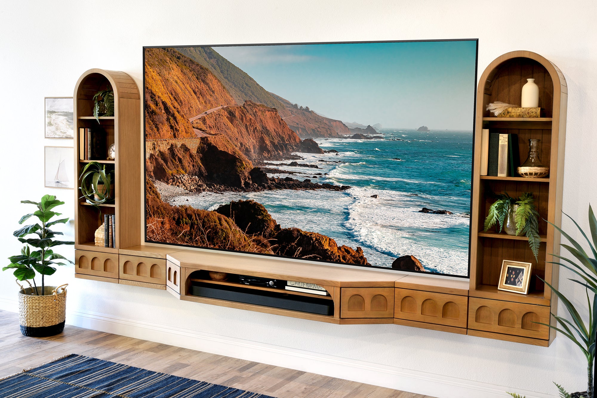 Floating TV Stand Natural Light Oak Arched Wall Mount Entertainment Center For Up To 100" Screens - Santa Barbara - Wheat