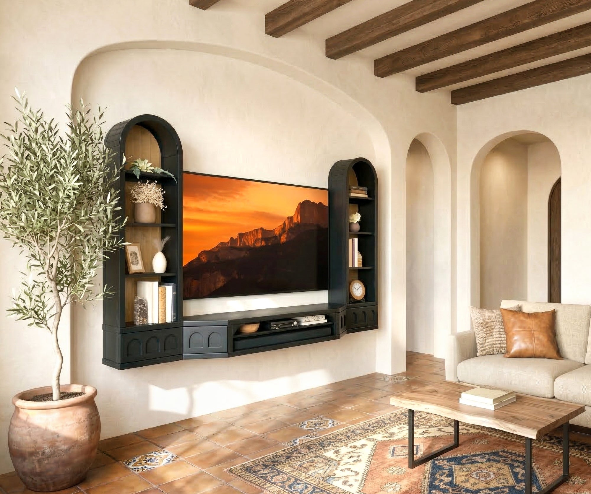 Floating TV Stand Arched Wall Mount Oak Entertainment Center For Up To 65" Screens - Santa Barbara - Black