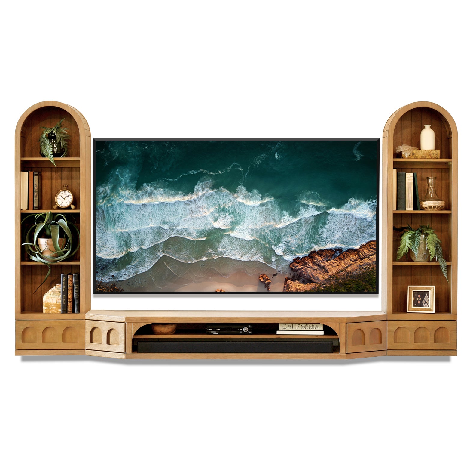 Floating TV Stand Natural Light Oak Arched Wall Mount Entertainment Center For Up To 75" Screens - Santa Barbara - Wheat