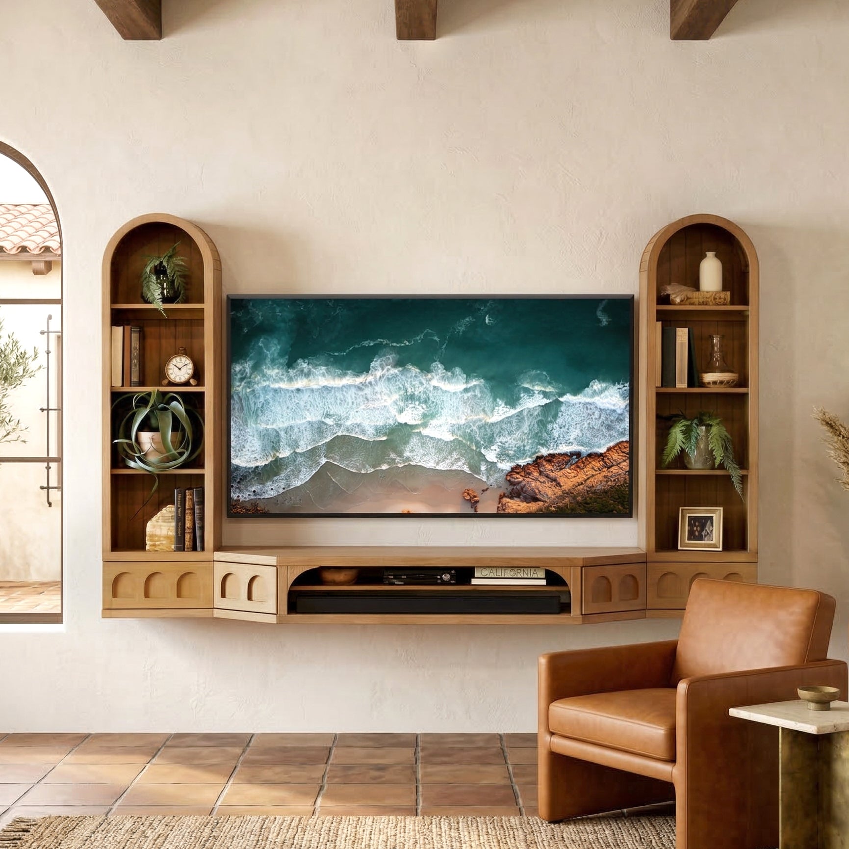 Floating TV Stand Natural Light Oak Arched Wall Mount Entertainment Center For Up To 65" Screens - Santa Barbara - Wheat