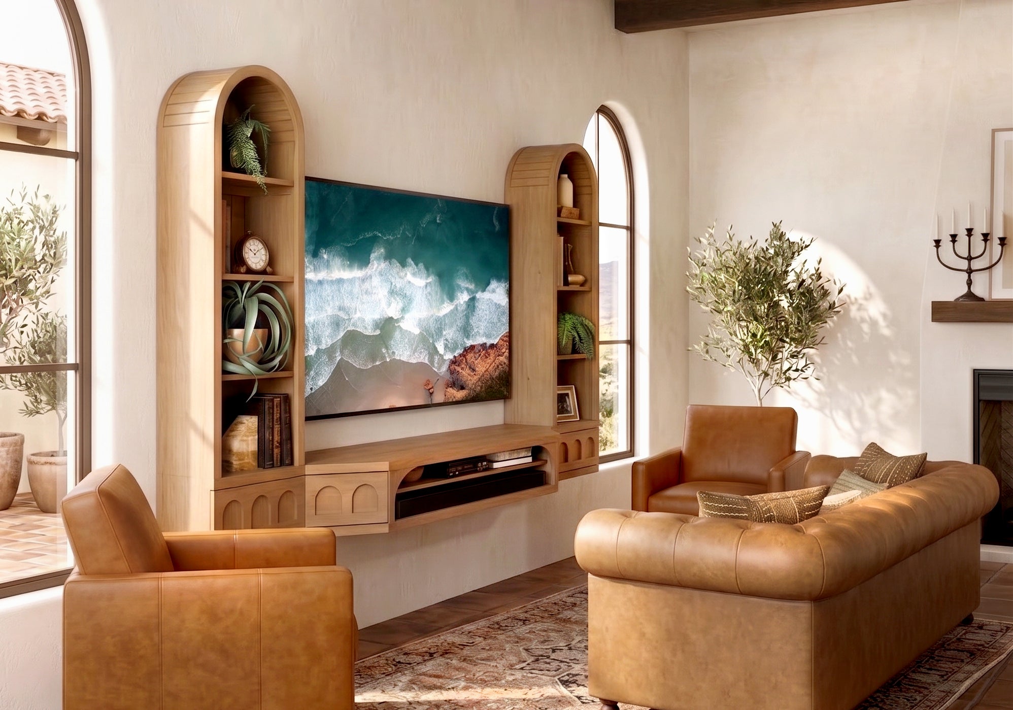 Floating TV Stand Natural Light Oak Arched Wall Mount Entertainment Center For Up To 65" Screens - Santa Barbara - Wheat