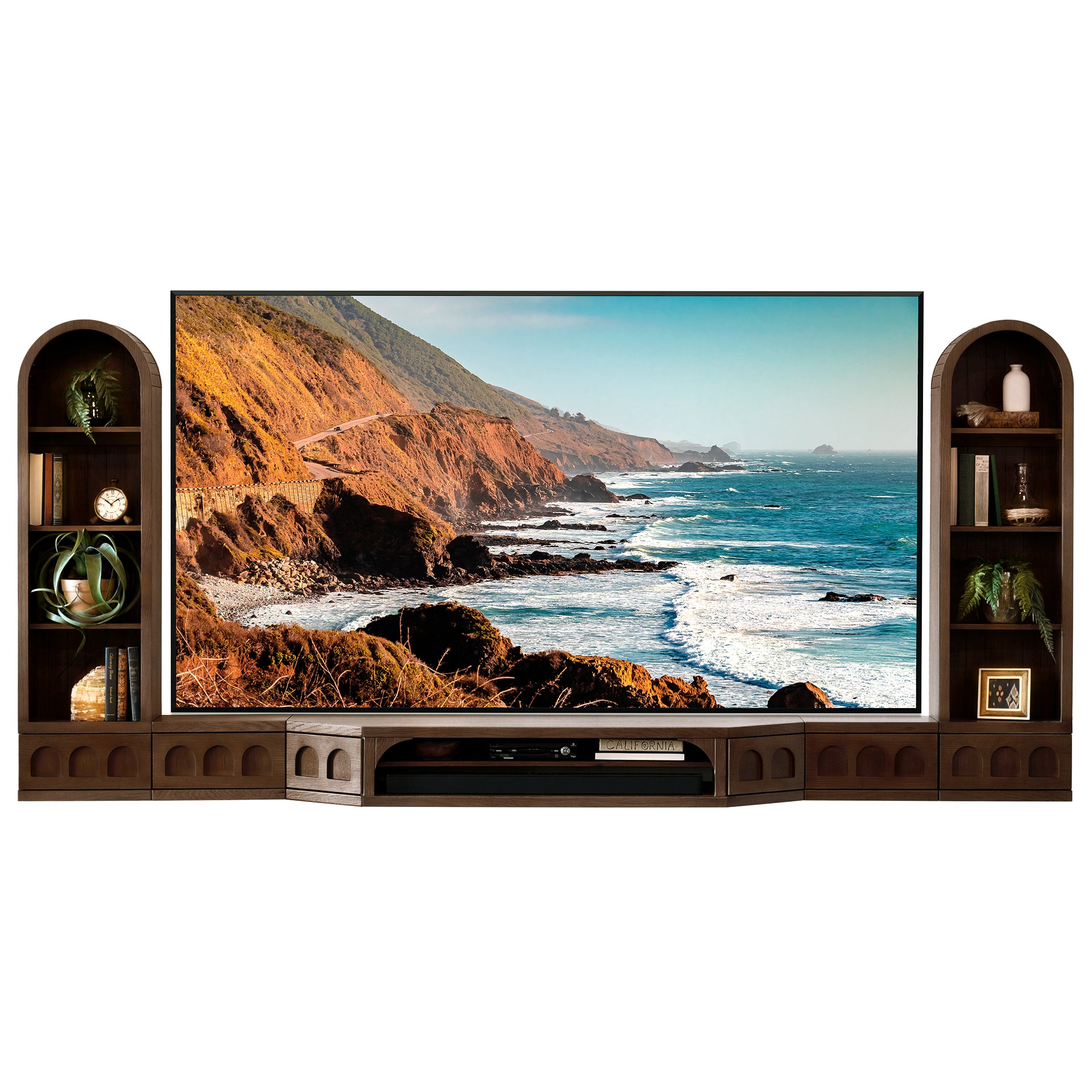 Floating TV Stand Dark Oak Arched Wall Mount Entertainment Center For Up To 100" Screens - Santa Barbara - Russet Brown