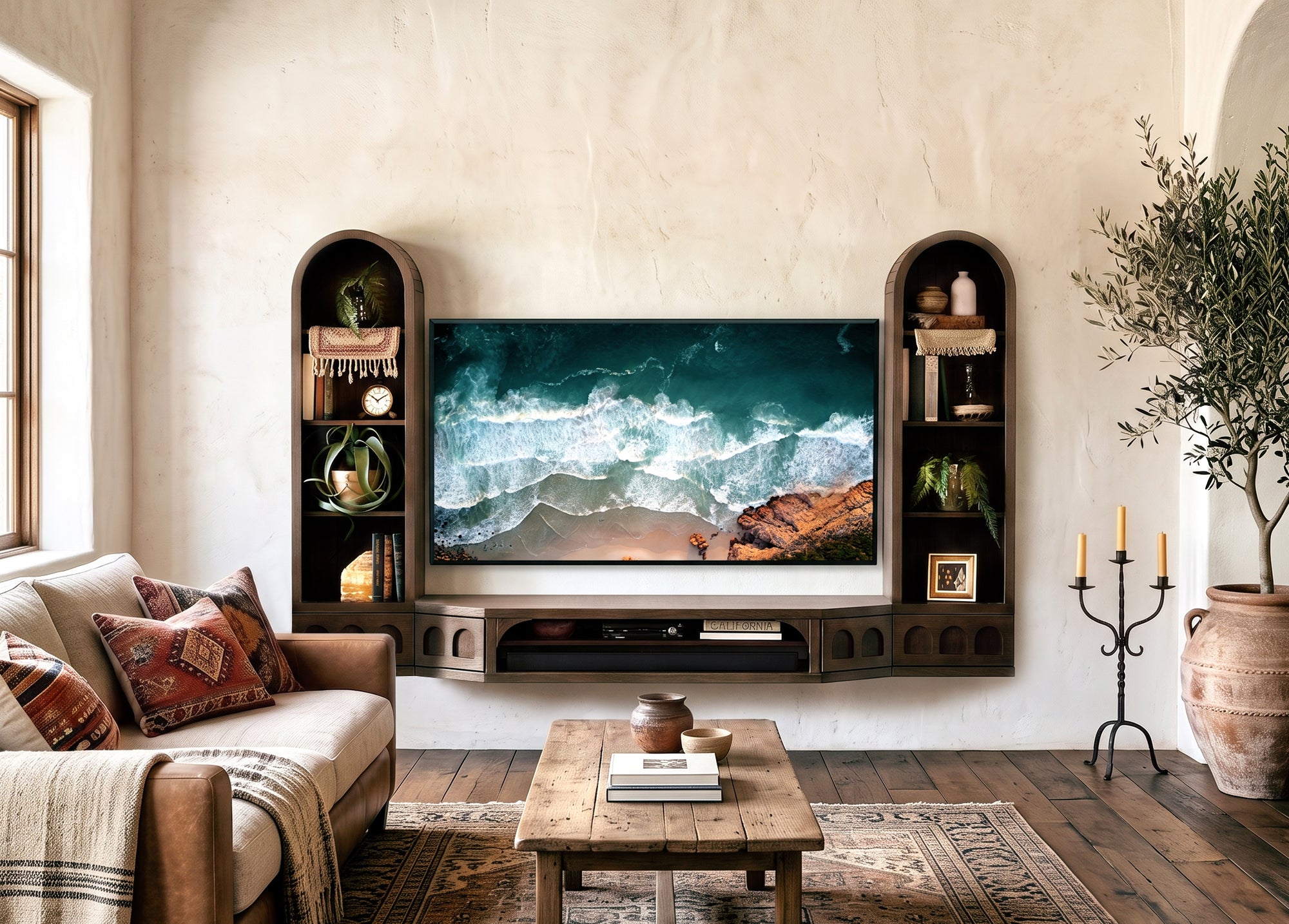 Floating TV Stand Dark Oak Arched Wall Mount Entertainment Center For Up To 65" Screens - Santa Barbara - Russet Brown