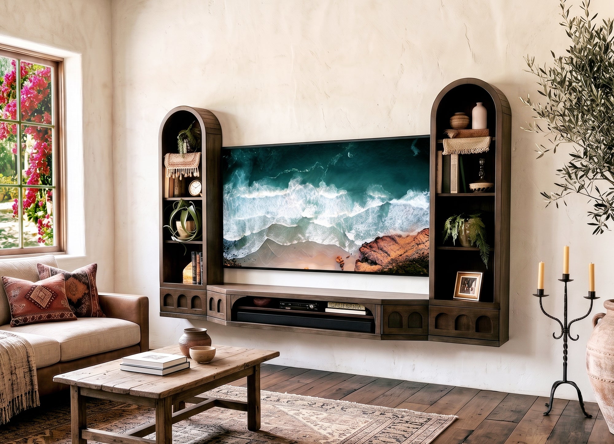 Floating TV Stand Dark Oak Arched Wall Mount Entertainment Center For Up To 65" Screens - Santa Barbara - Russet Brown