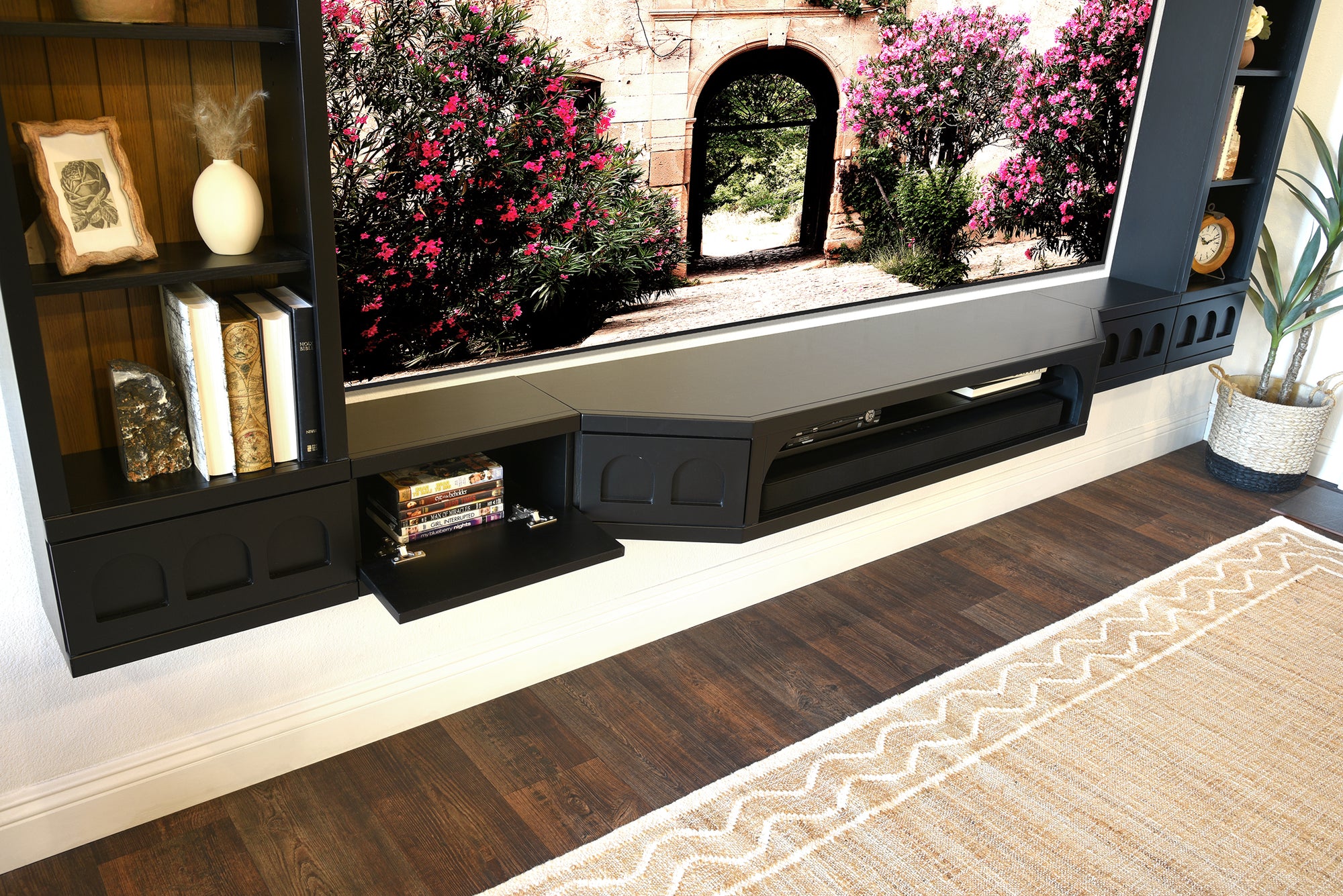 Arched Floating TV Stand Curved Wall Mount Entertainment Center For Up To 100" Screens - Santa Barbara - Black