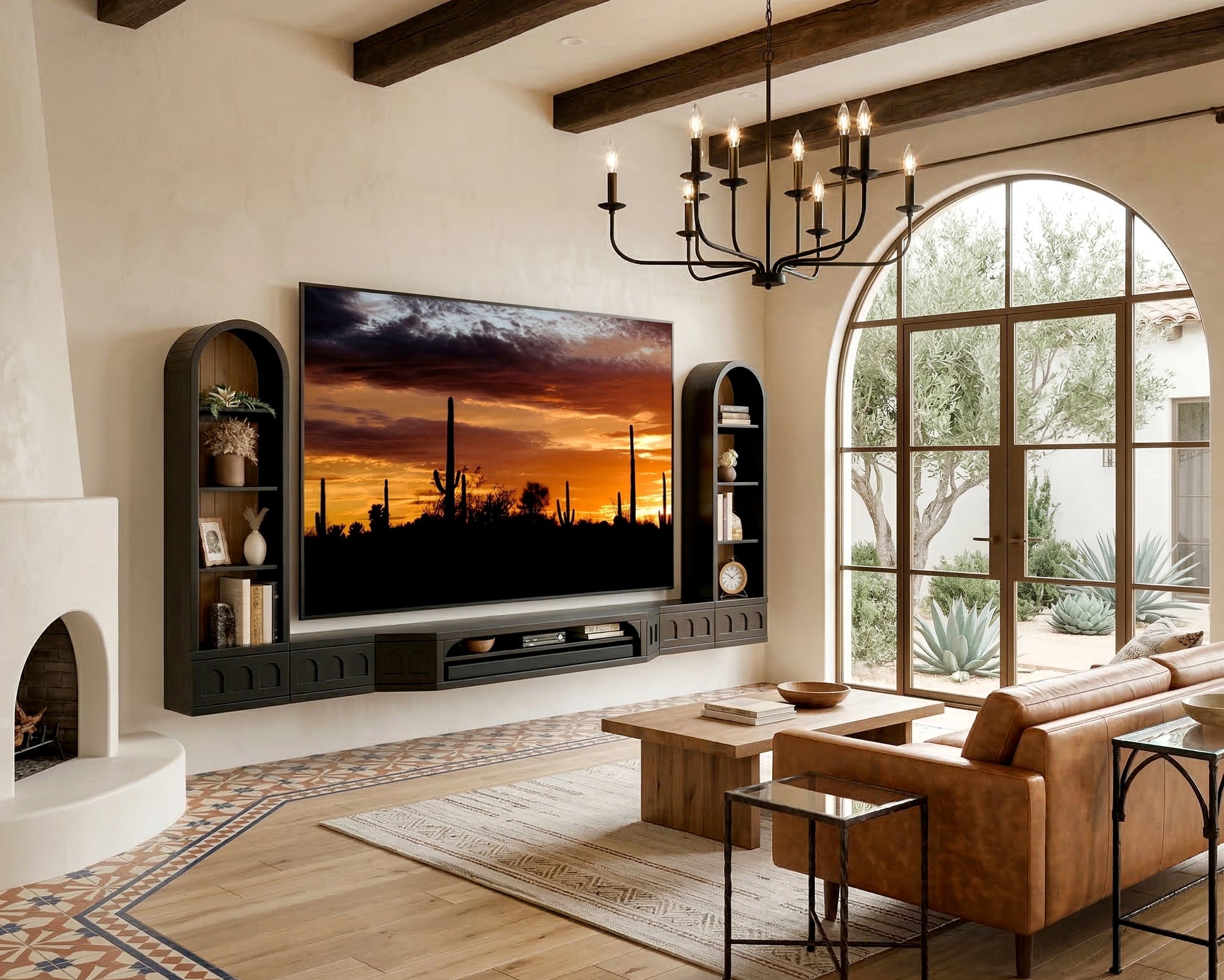 Floating TV Stand Curved Oak Arched Wall Mount Entertainment Center For Up To 110" Screens - Santa Barbara - Black