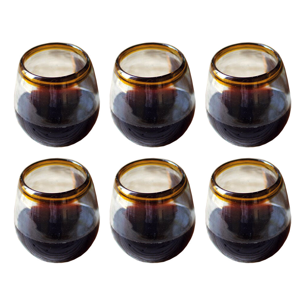 Blown Glass Stemless Wine Glasses With Amber Rim - Set of 6