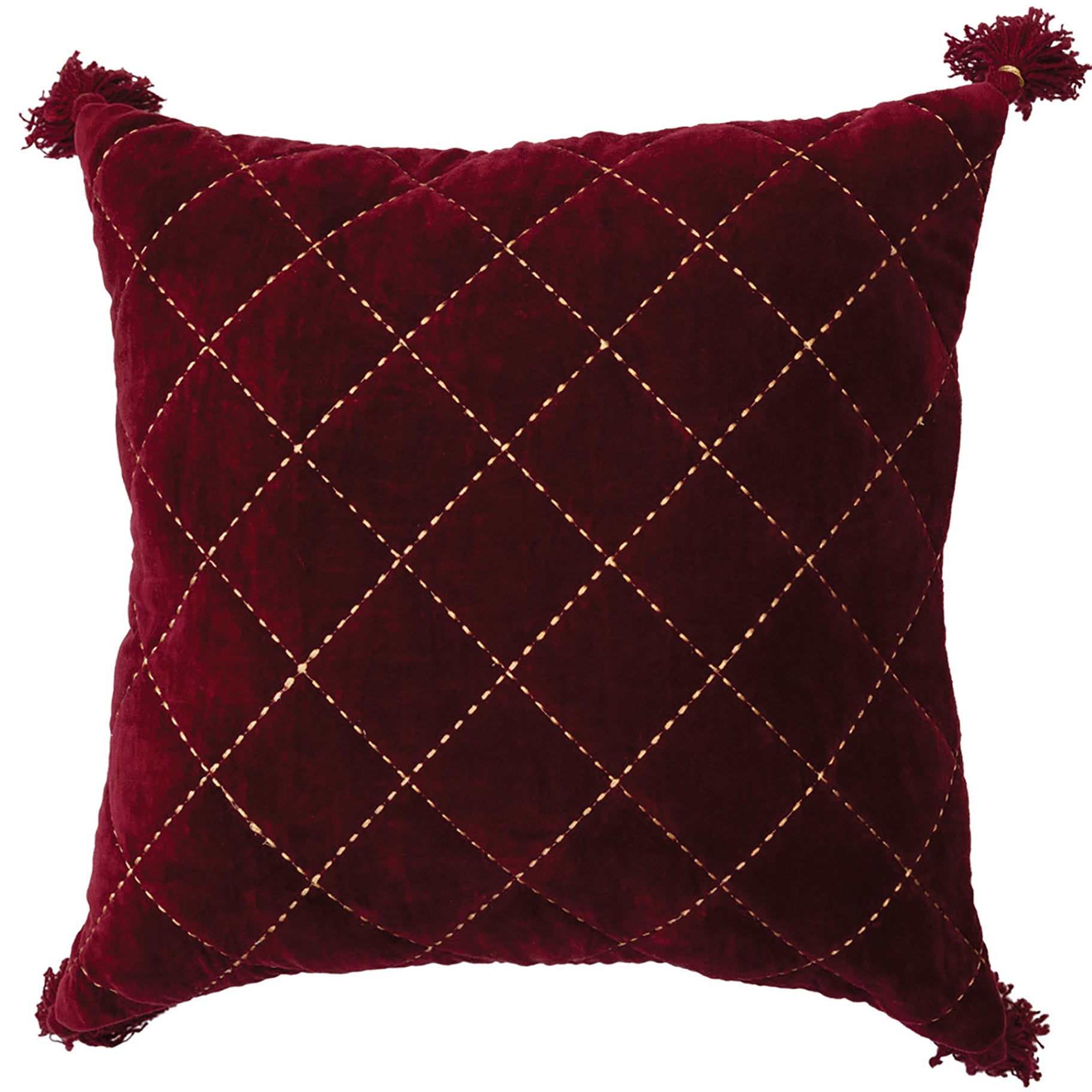 Burgundy Red Quilted Velvet Cotton Pillow With Gold Embroidery