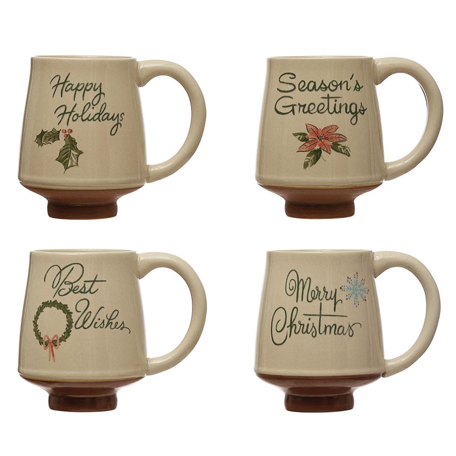 Christmas Winter Greeting Coffee Mugs Holiday Stoneware - Set of 4