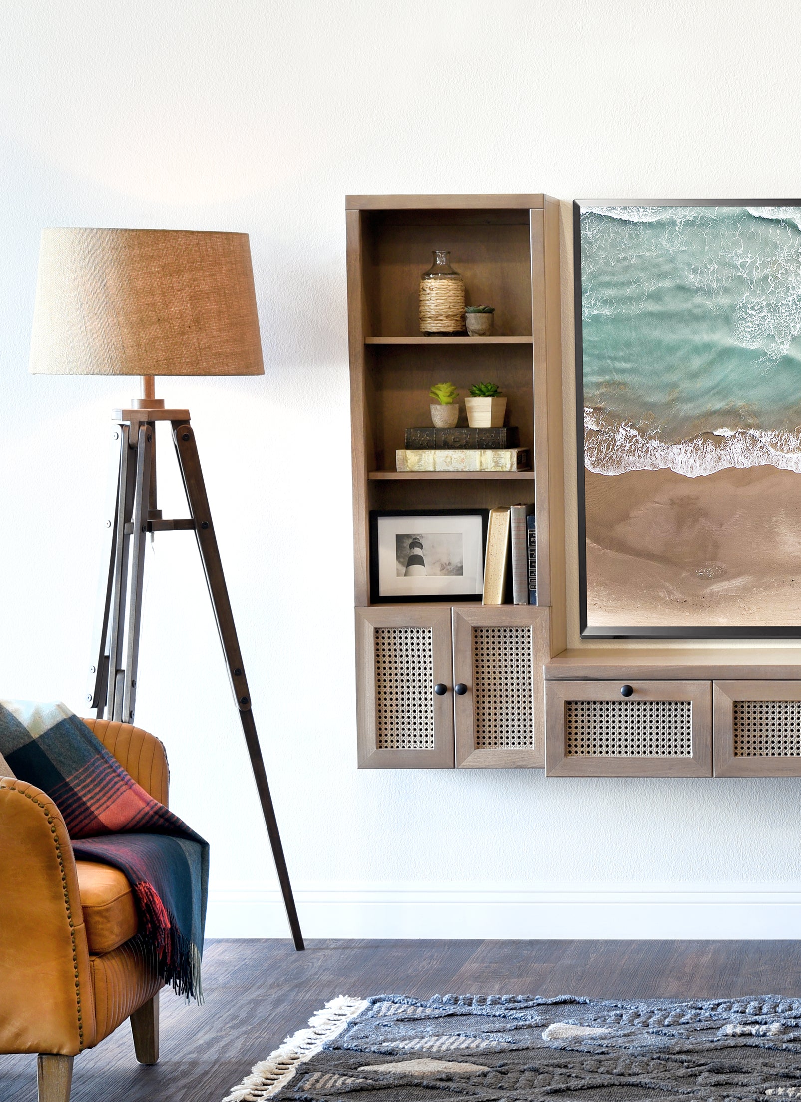 All Wood Modern Floating TV Stand Wall Mount Entertainment Center Media Console - Sugar Cane - Ginger