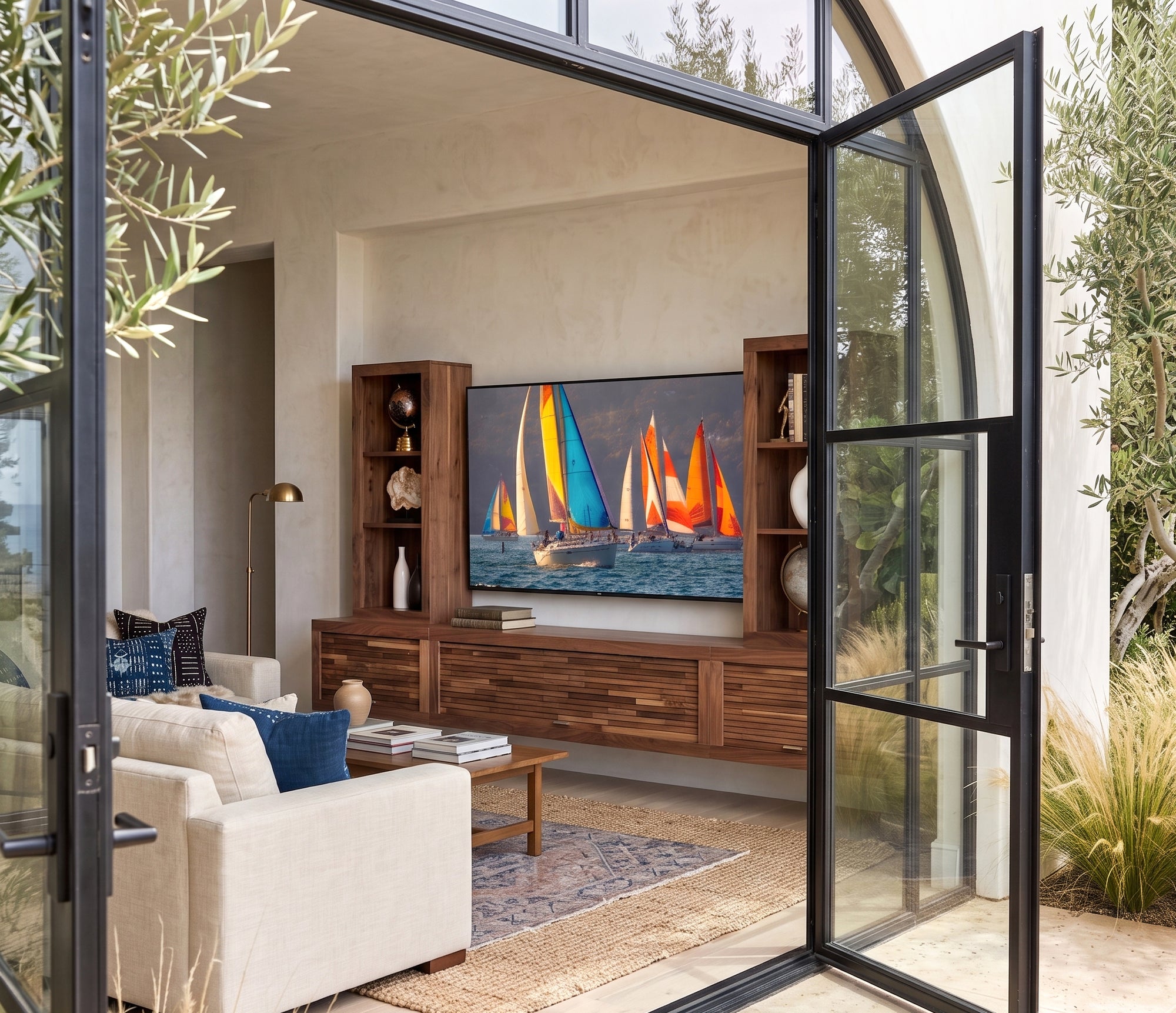 Walnut Floating TV Stand Modern Wall Mount Entertainment Center With Bookcases - ECO GEO - Walnut