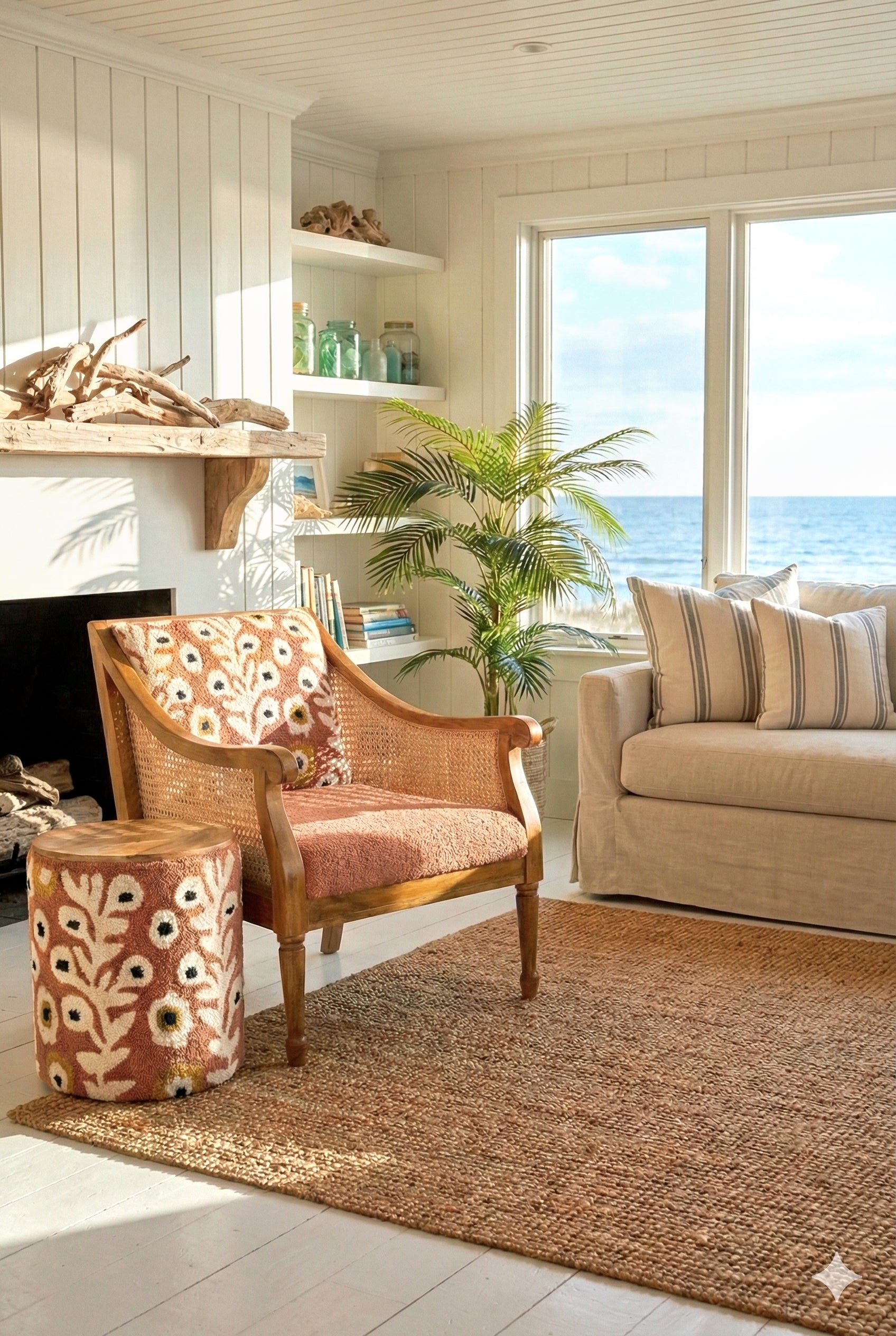 Wood & Cane Arm Chair With Hand-Tufted Back