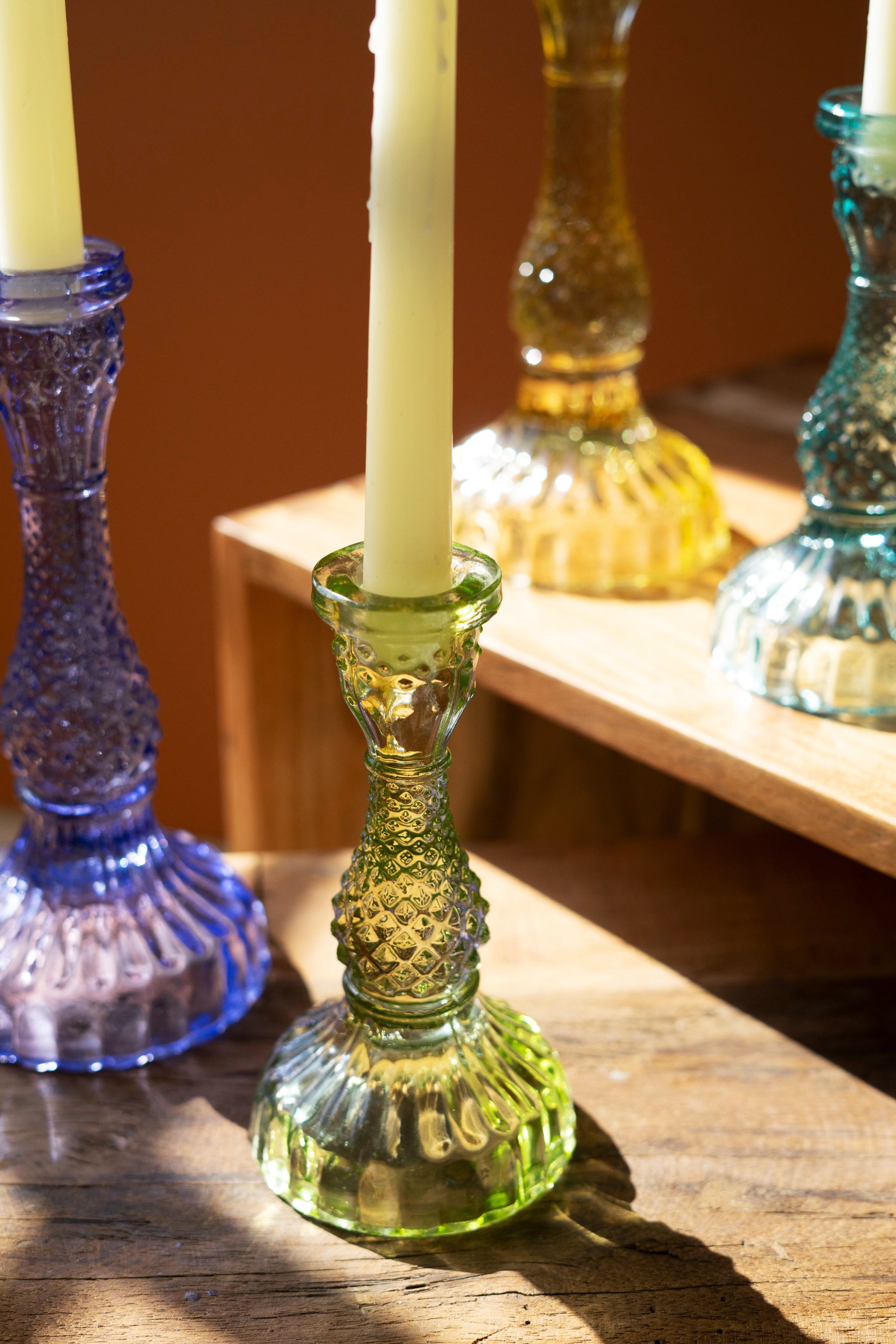 Set Of Six Colorful Pressed Glass Taper Candle Holders