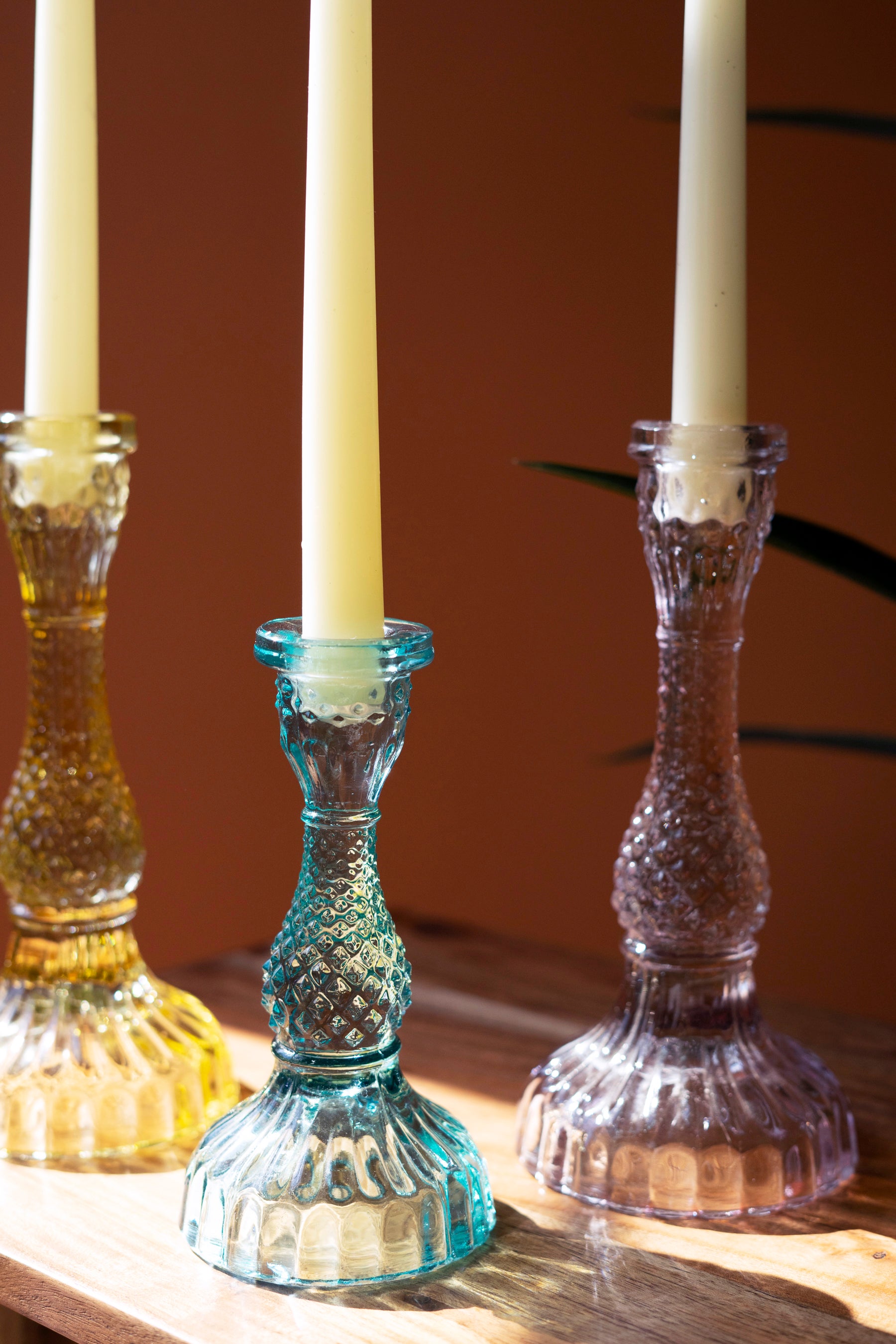 Set Of Six Colorful Pressed Glass Taper Candle Holders