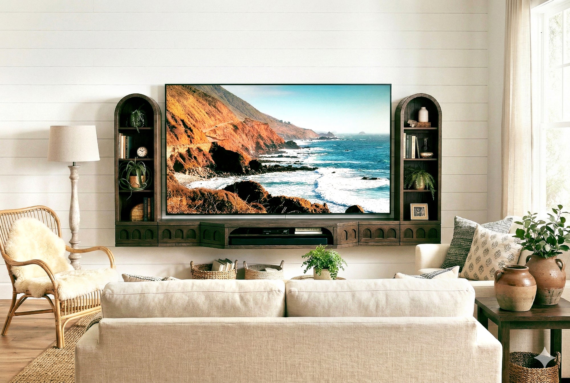 Floating TV Stand Dark Oak Arched Wall Mount Entertainment Center For Up To 100" Screens - Santa Barbara - Russet Brown