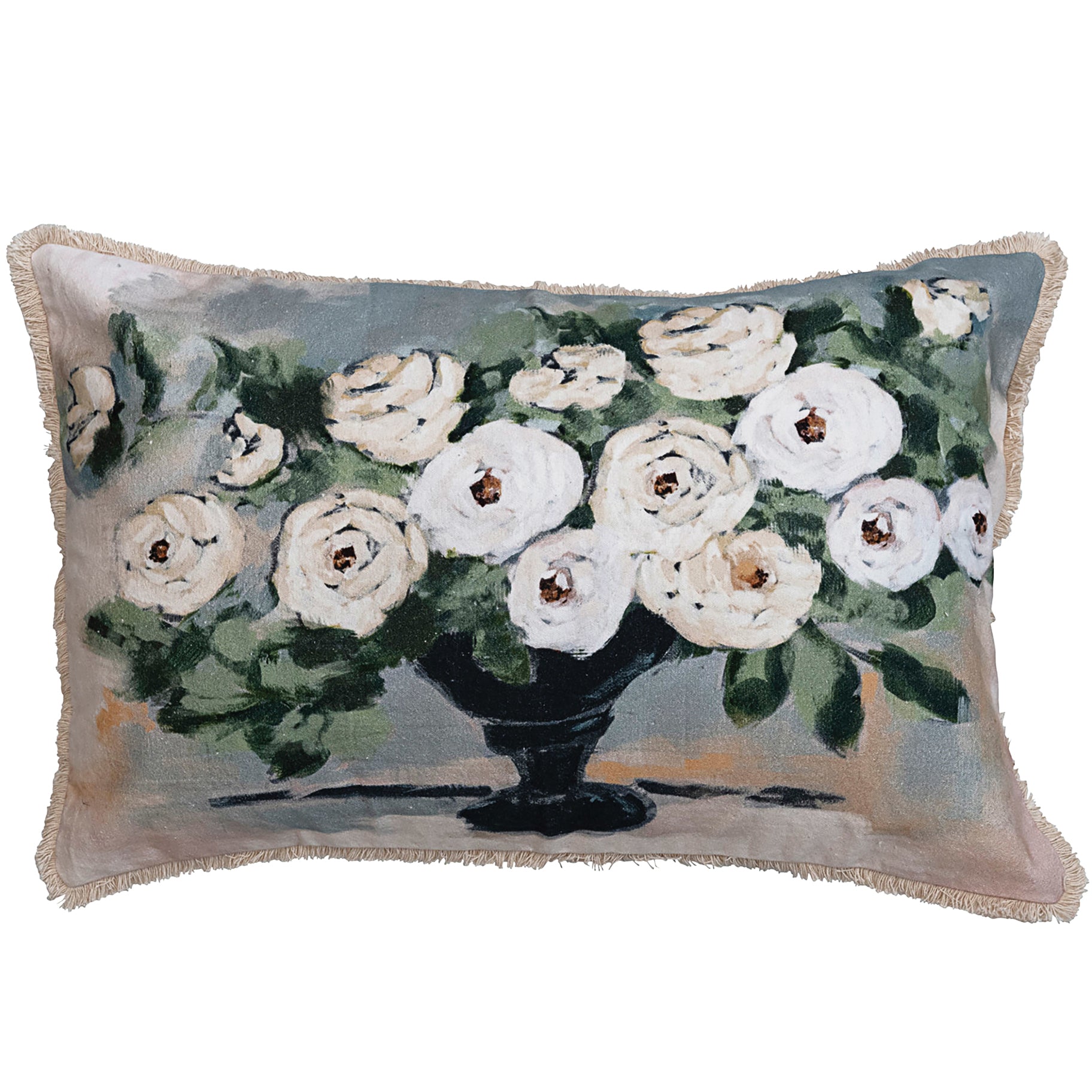 Cottagecore Flower Vase Cotton Lumbar Pillow With Fringe