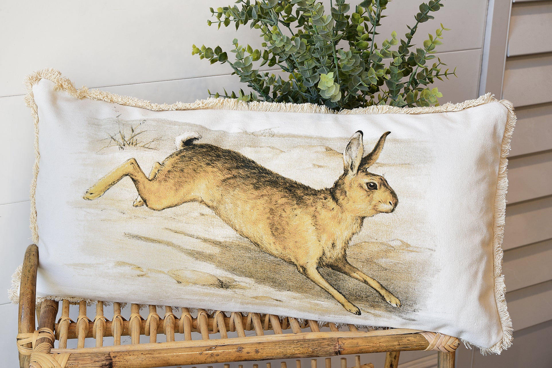 Cotton Lumbar Pillow with Vintage Reproduction Rabbit & Fringe