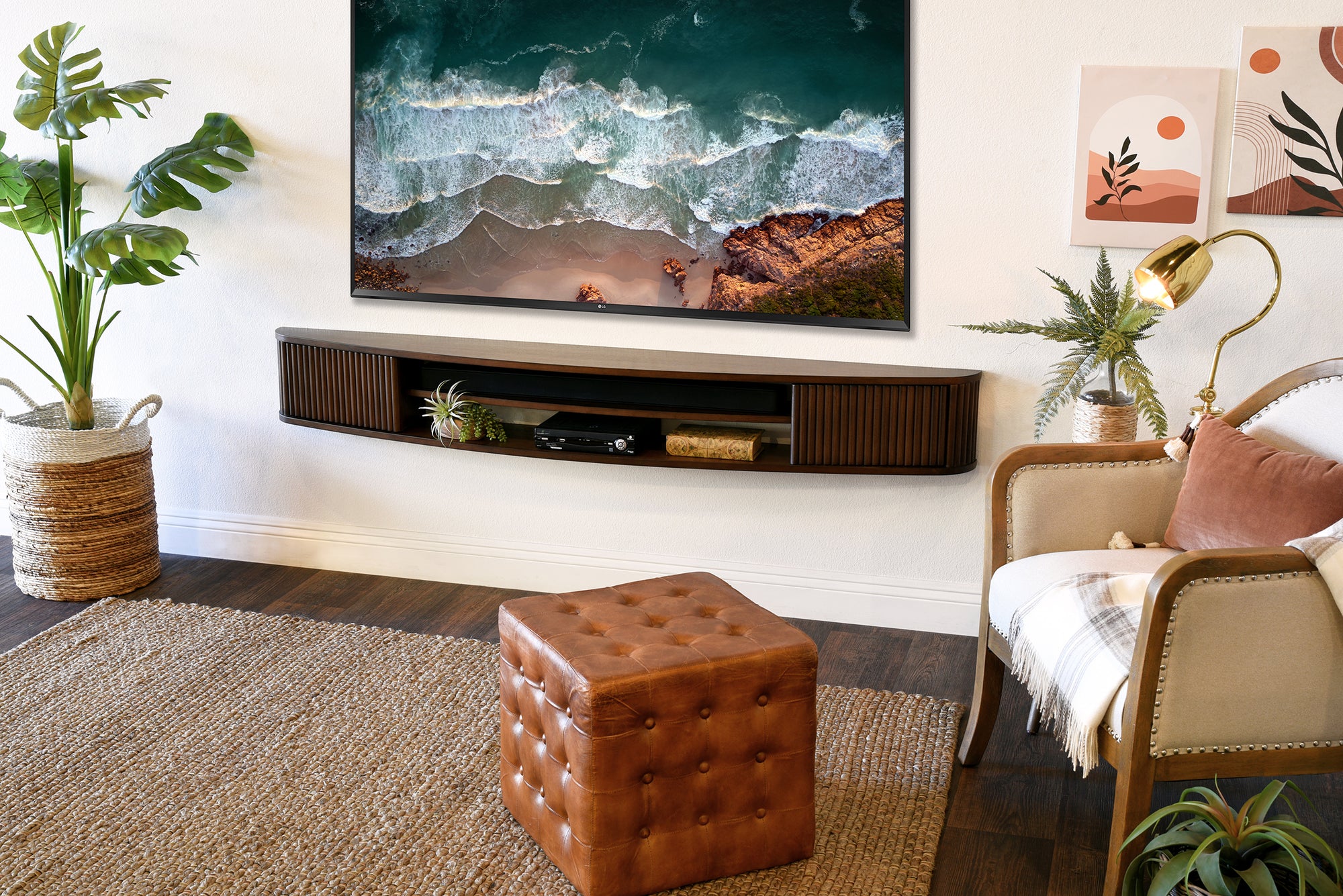 Handcrafted 72" Floating TV Stand Curved Wall Mount Entertainment Center Media Console - Arc - Russet Brown