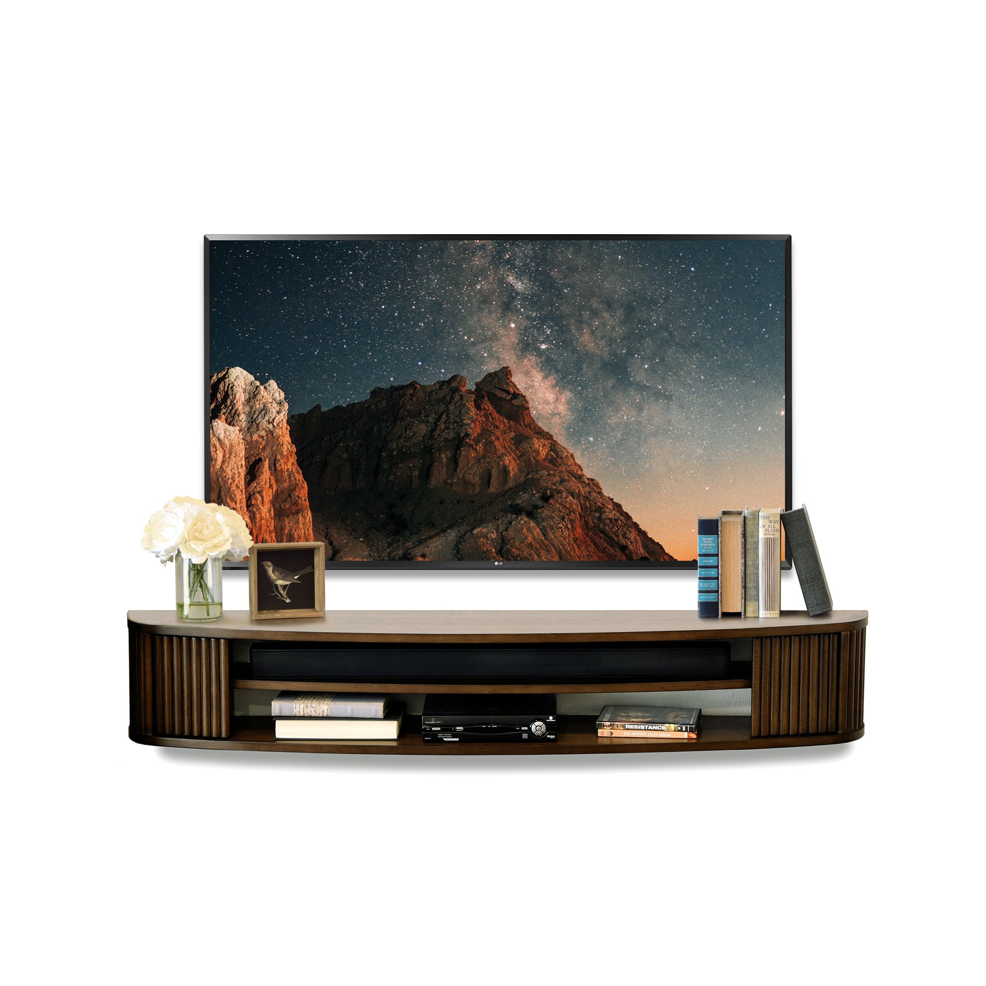 Handcrafted 58" Floating TV Stand Curved Wall Mount Entertainment Center Media Console Mantel - Arc - Russet Brown