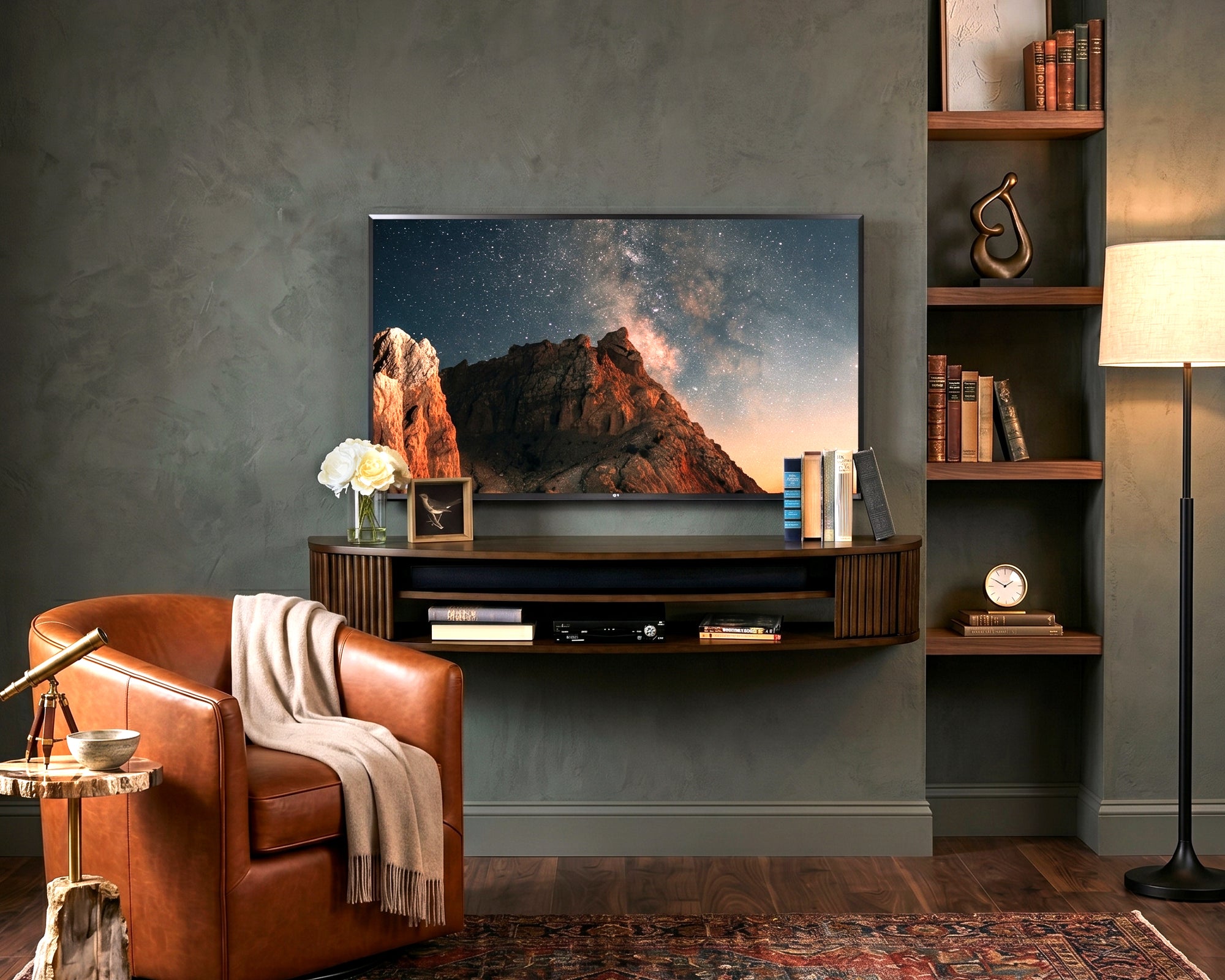 Floating TV Stand Curved Wall Mount 58" Console - Arc - Russet Brown