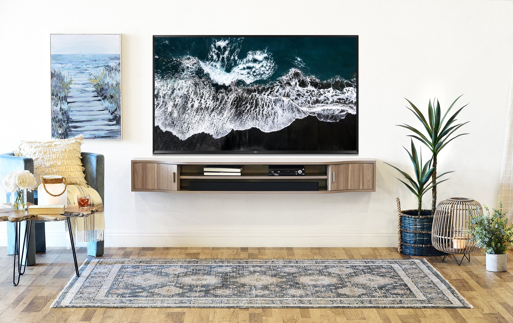 Handcrafted Fully Assembled Curved Floating TV Stand Modern Wall Mount Console - Mojave - Gray