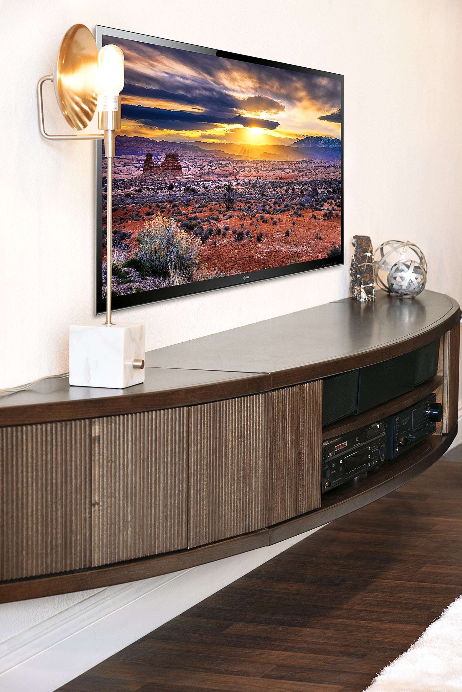 Floating TV Stand Curved Wall Mount Entertainment Center - Arc - Espresso