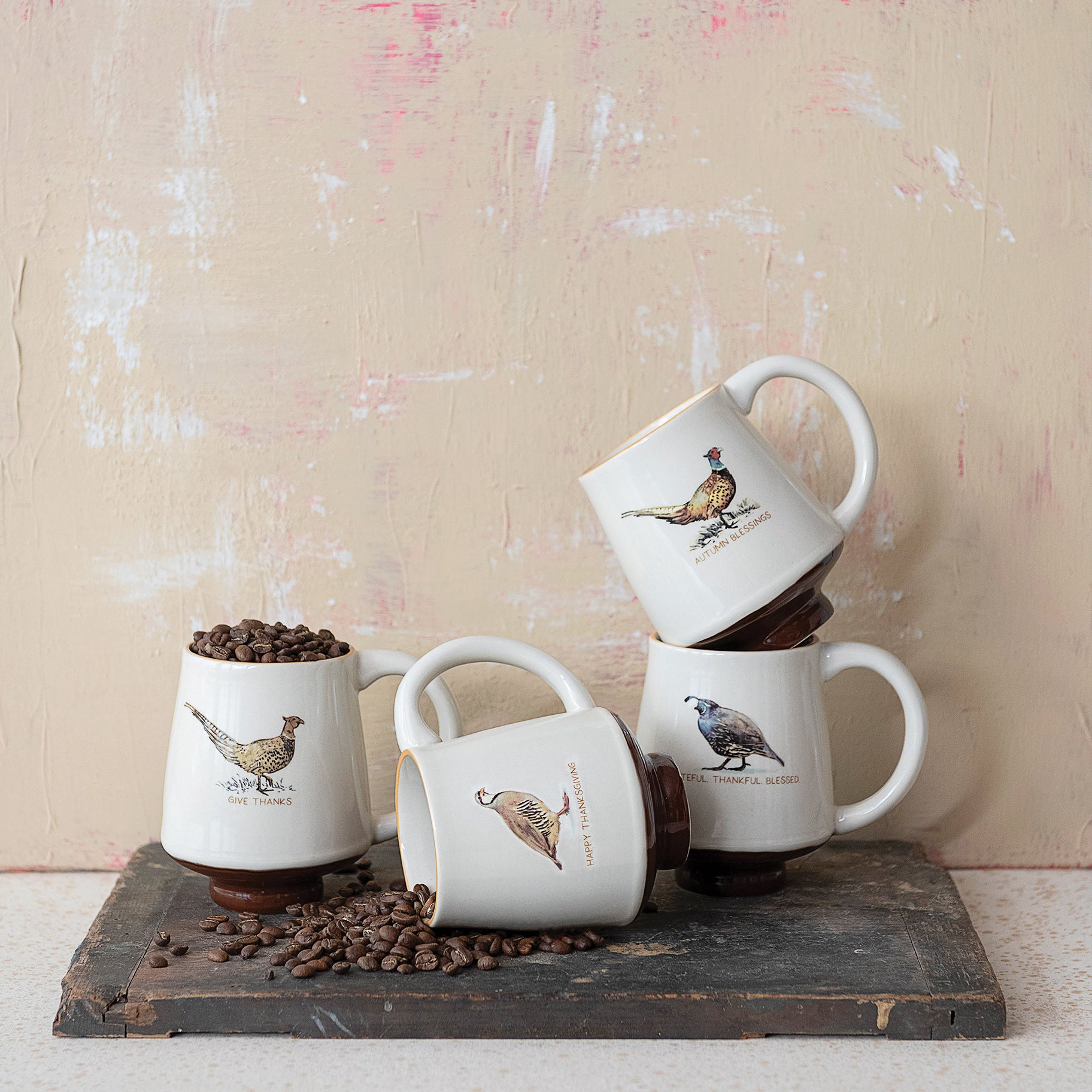 Fall Pheasant Quail Game Bird Coffee Mugs Thanksgiving Stoneware - Set of 4