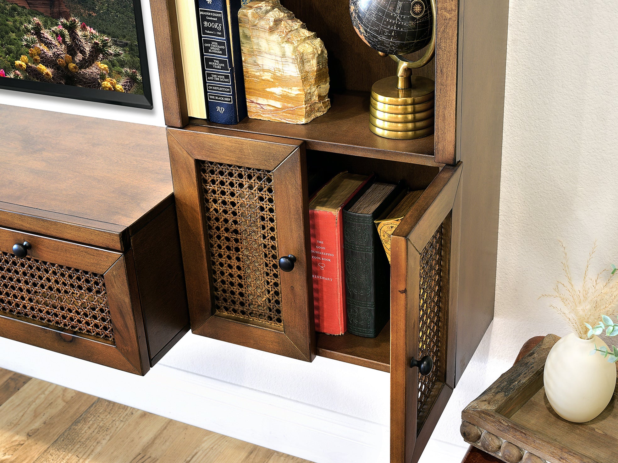Floating Bookshelf Wall Mount Boho Cane Storage Bookcase Shelf - Sugar Cane - Spice