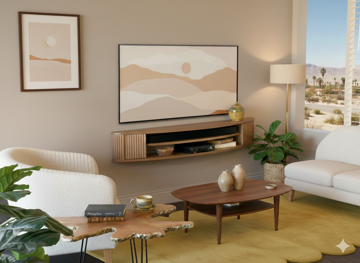 Floating TV Stand Curved Wall Mount 58" Console - Arc - Wheat