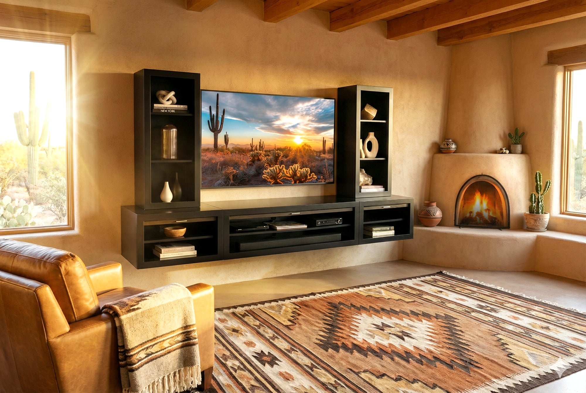 Floating TV Stand Wall Mount Entertainment Center With Bookcases - ECO GEO - Black