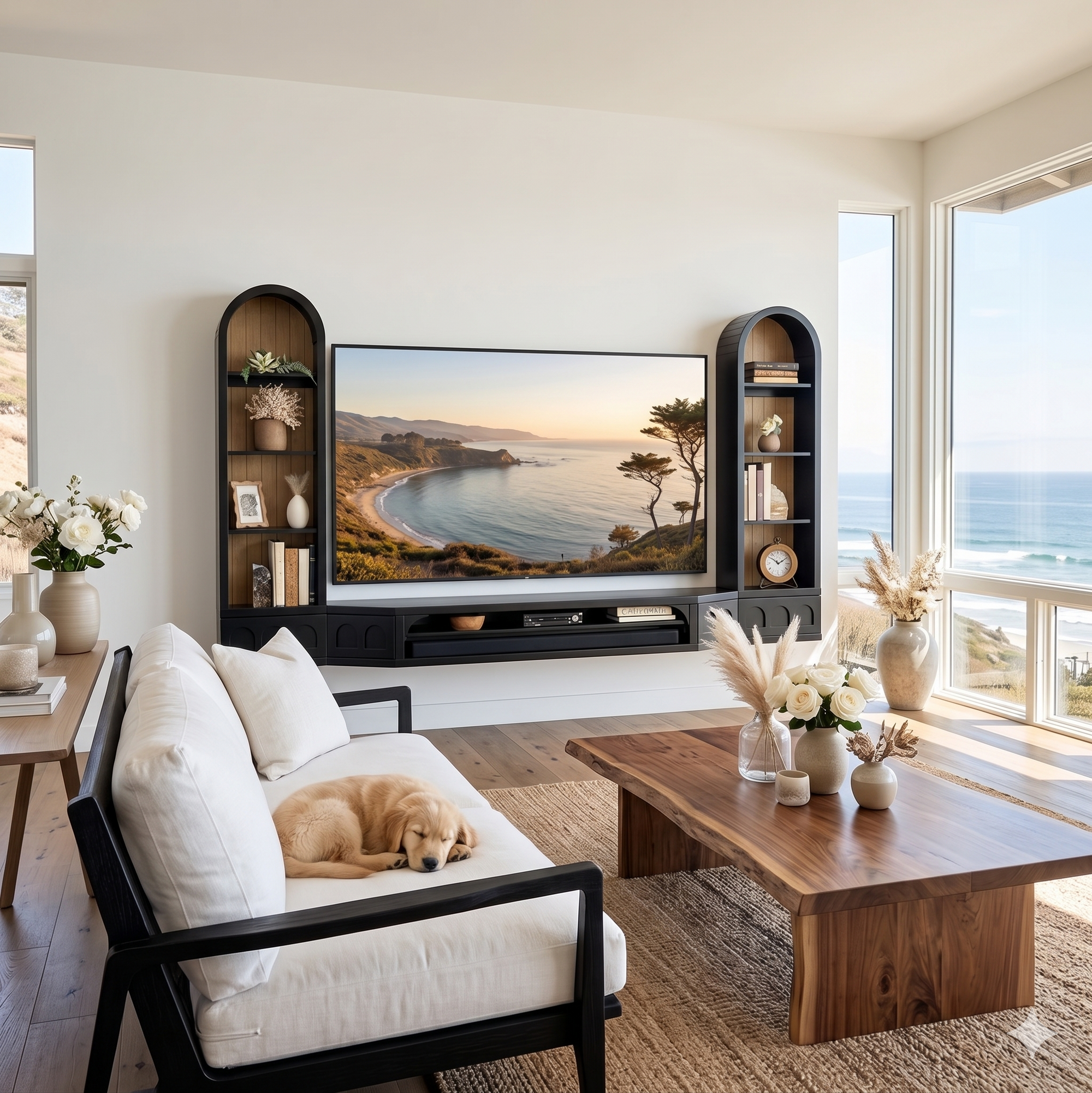 Black Floating TV Stand Arched Wall Mount Entertainment Center For Up To 75" Screens - Santa Barbara