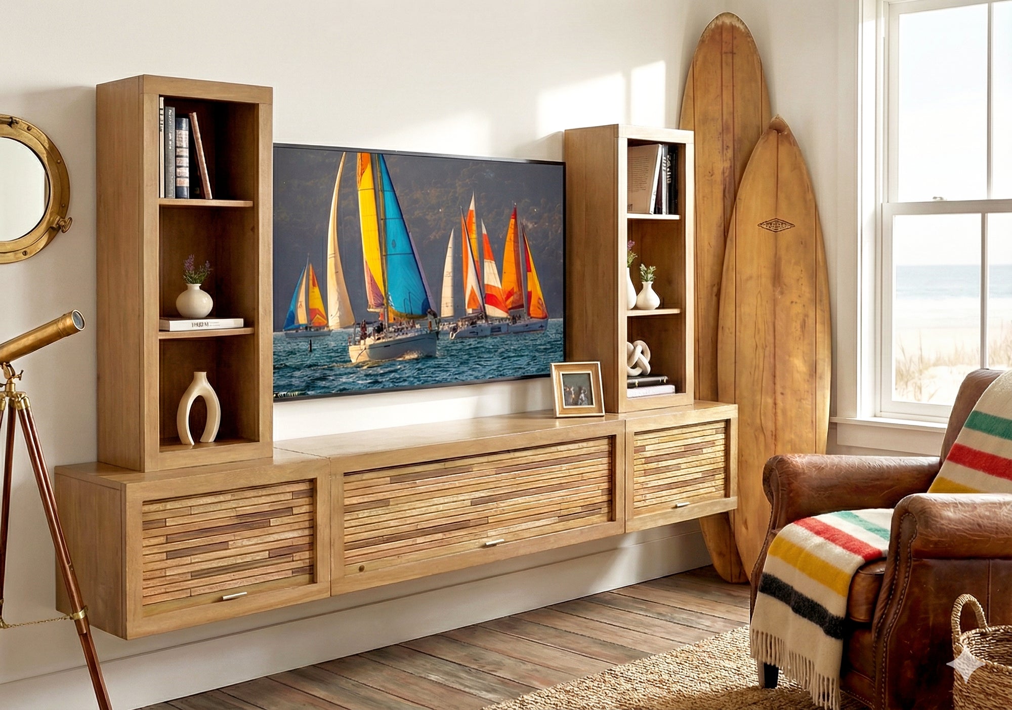Floating TV Stand Coastal Wall Mount Entertainment Center With Bookcases - ECO GEO - Wheat