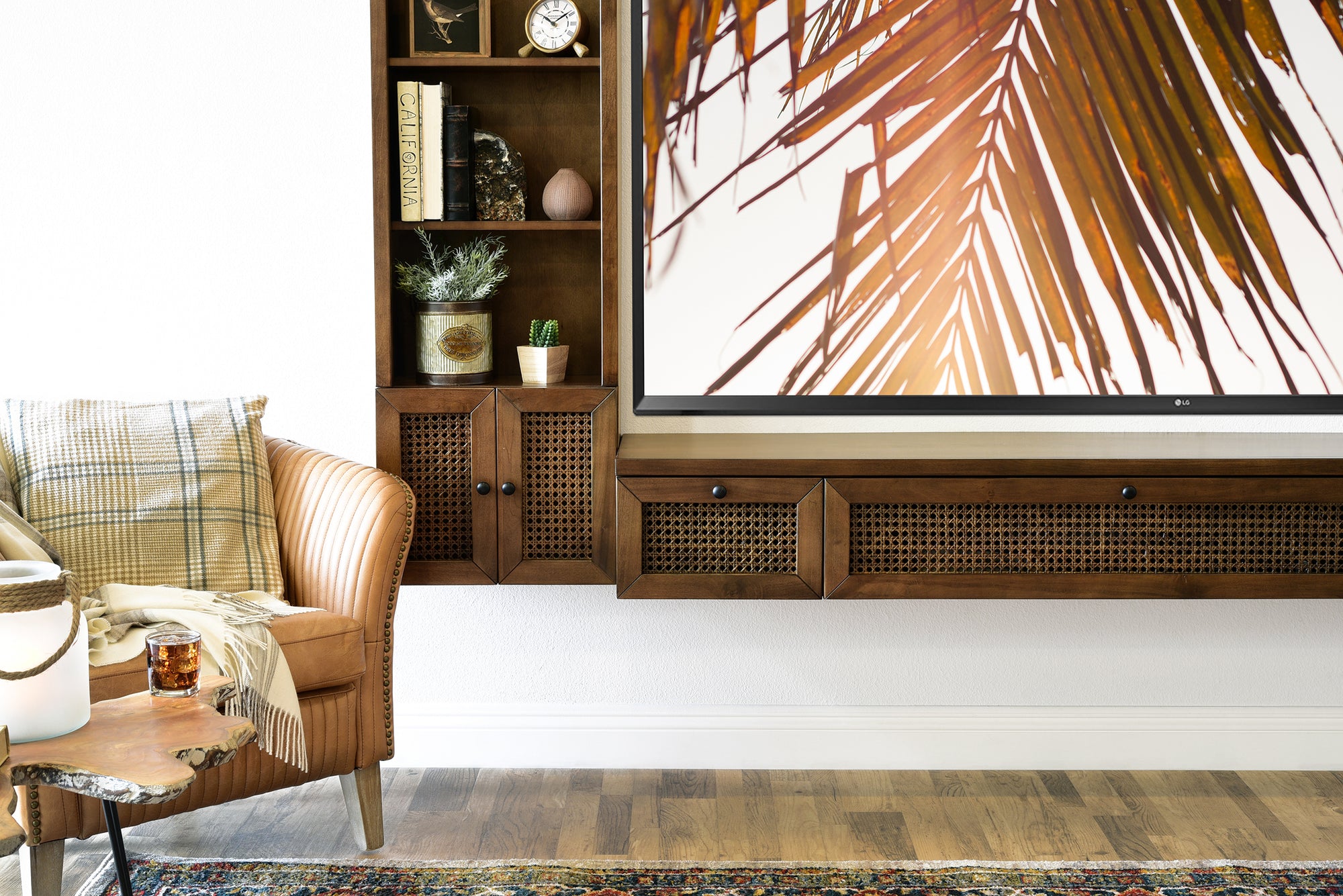 Dark Brown Cane Floating TV Stand Wall Mount Entertainment Center Boho Rattan Wicker Console - Sugar Cane - Spice